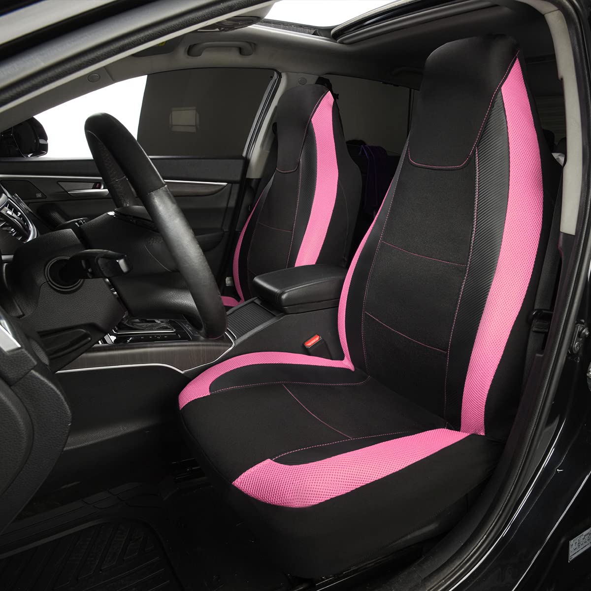 Flying Banner Car Seat Covers Quality Carbon Fiber Faux Leather Mesh Fabric Sport Low High Back Bucket Back Pocket Arm Rest Car Suv Truck Pick Up (2 Fronts - High Bucket, Pink)