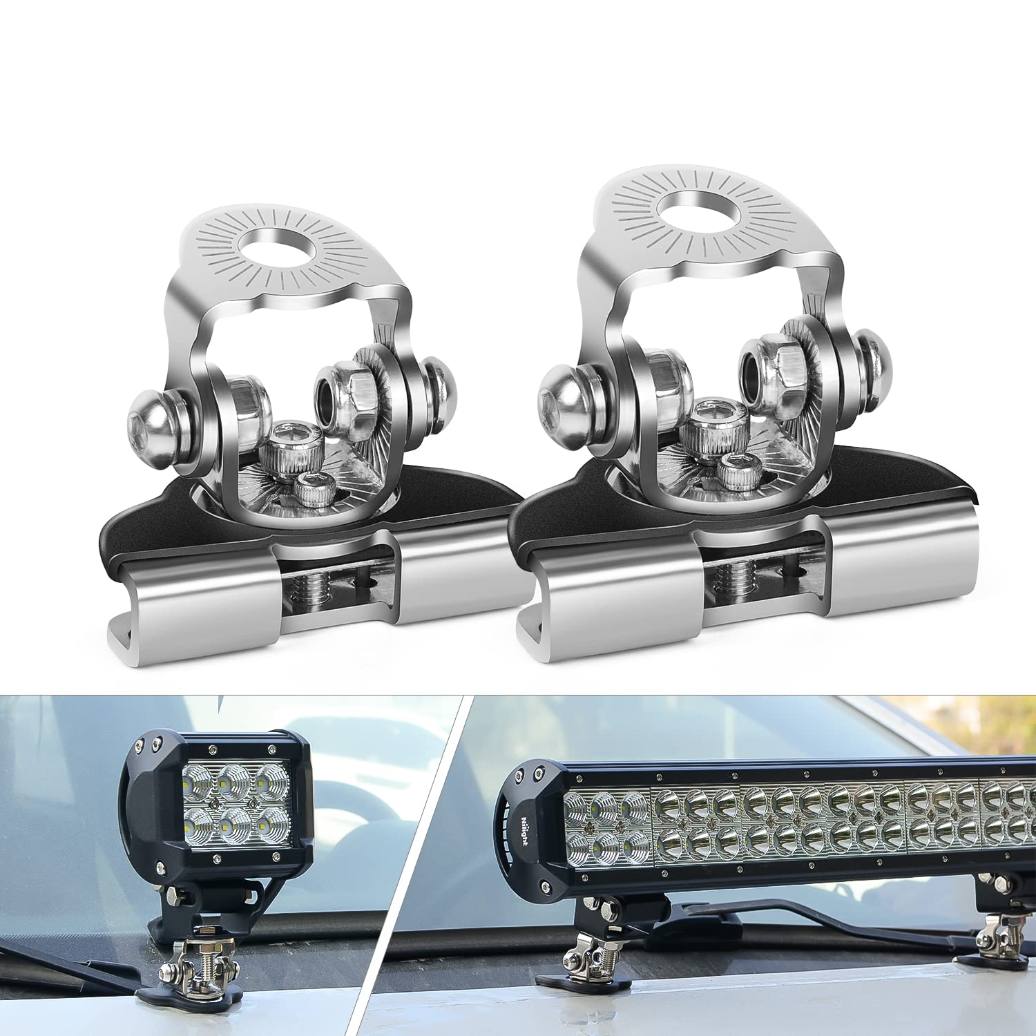 Led Light Bar Mounting Bracket, Nilight 2Pcs Universal Adjustable Pillar Hood Led Work Light Mount Bracket Clamp Holder For Off Road Jeep Truck Suv Installing Without Drilling, 2 Years Warranty
