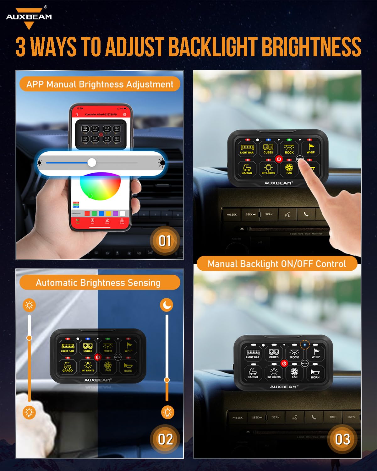 Auxbeam RGB Bluetooth 8 Gang Switch Panel AR-820 Toggle Momentary Pulsed Switch Pod for Truck UTV Offroad Boat Auxiliary LED Lig