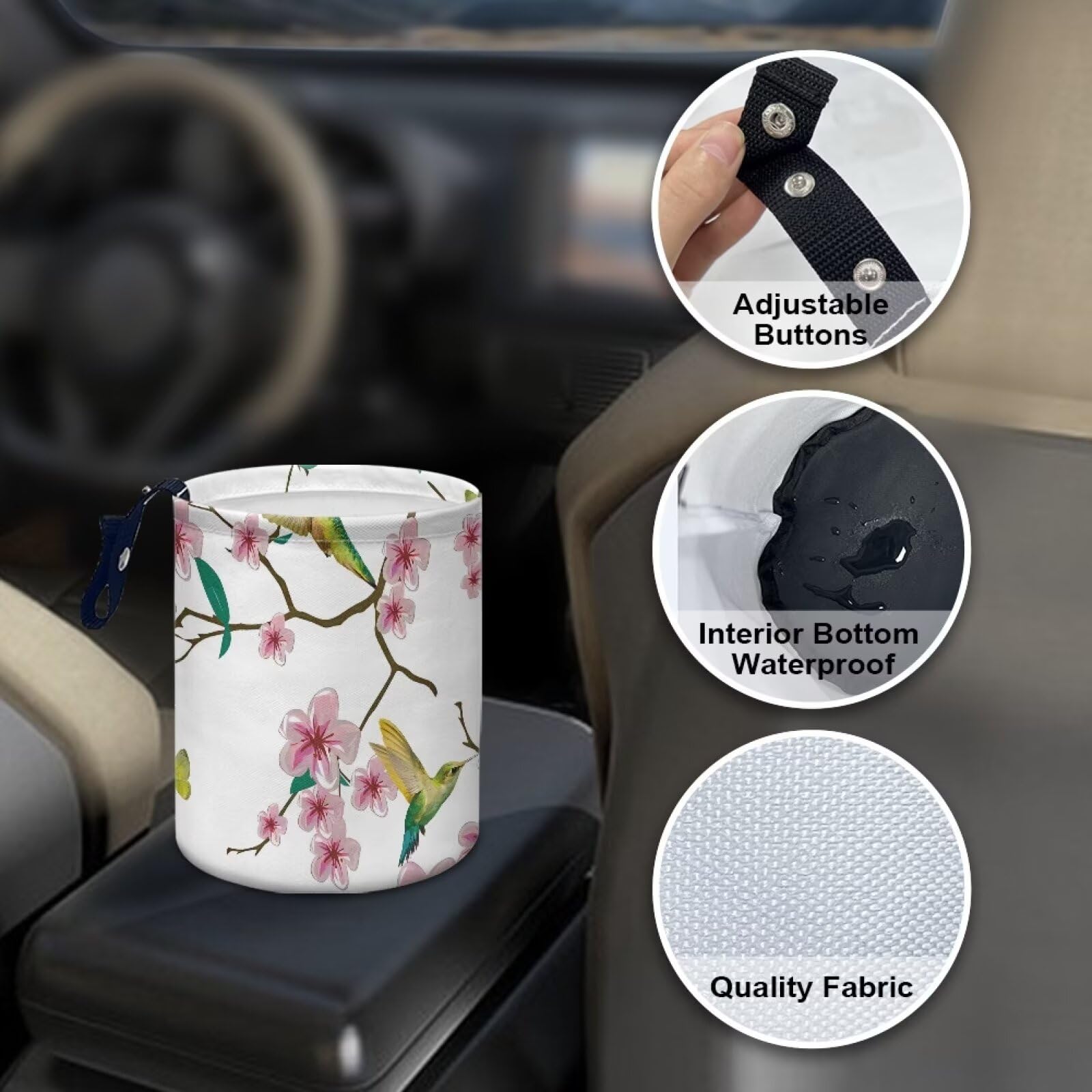 Brosoneto Car Trash Can Pink Cartoon Cherry Blossom Reusable Portable Car Garbage Bin Easy to Clean Collapsible Waste Multipurpo