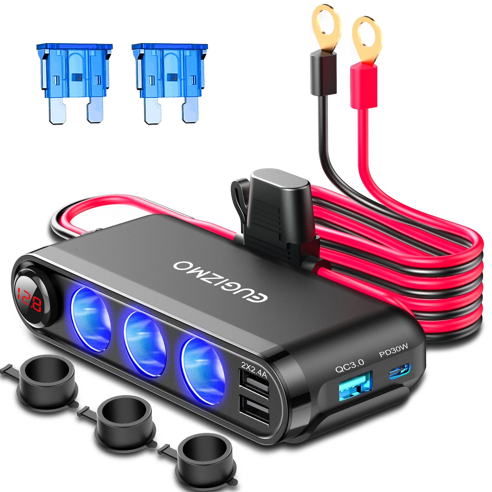 EUGIZMO 12V Cigarette Lighter Socket Splitter, 200W 3 Socket Multi Port Car Cigarette Lighter Adapter Plug Splitter USB Charger 