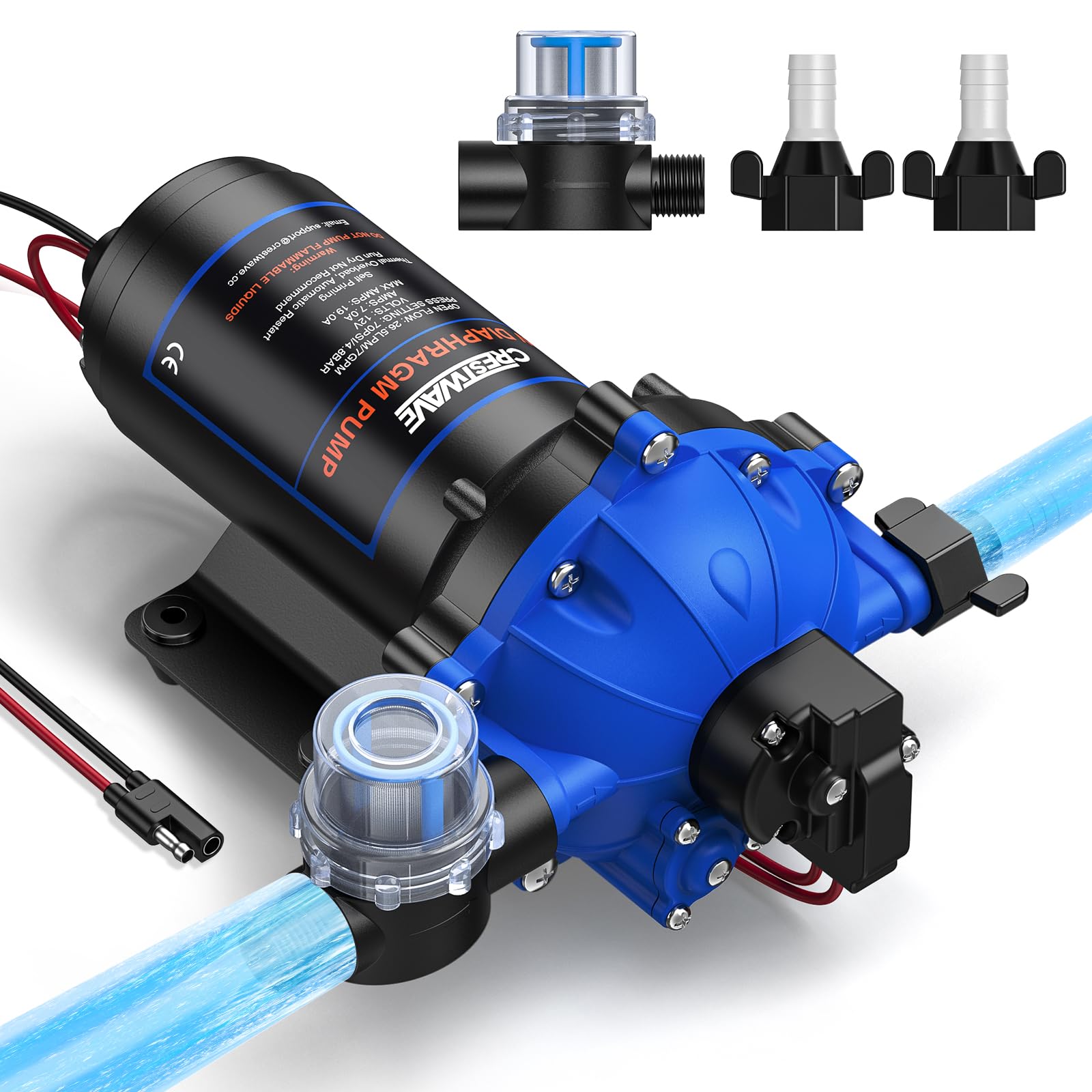 CrestWave 12V DC RV Water Pump, 7GPM 70PSI, Upgraded Five Chamber Self-Priming Diaphragm Pump with Heavy Duty Pressure Switch an