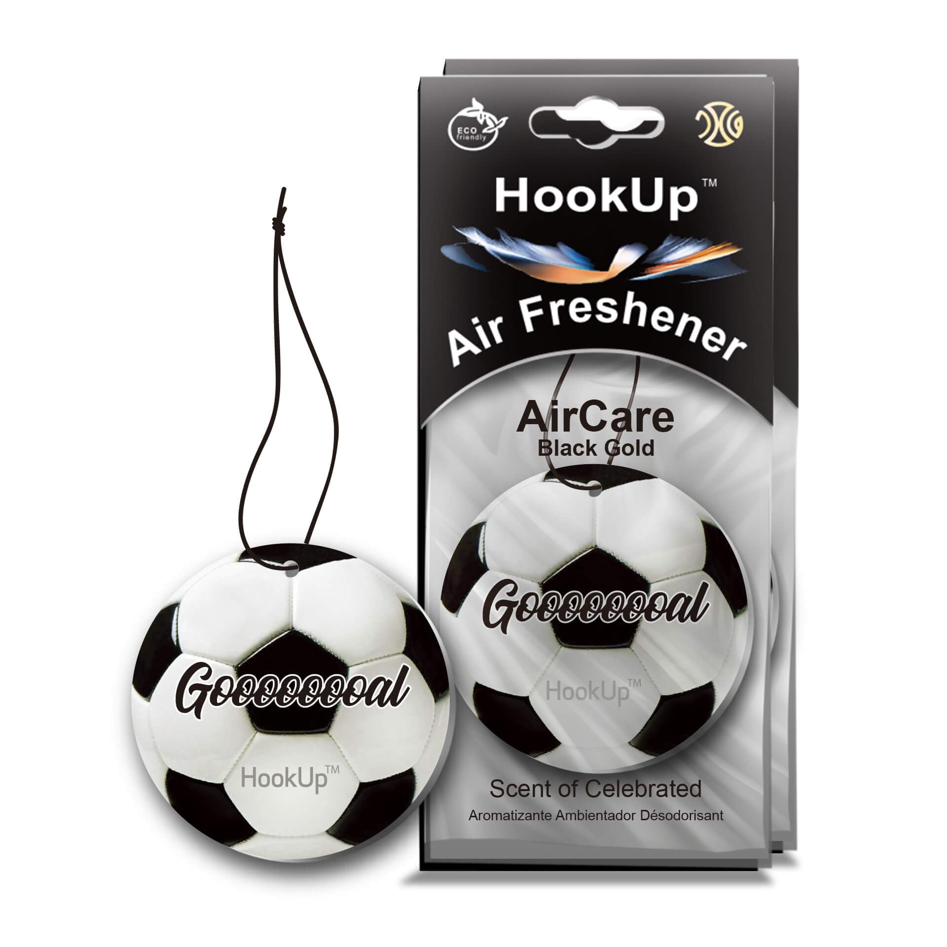 Soccer Car Air Freshener by HookUp - 2 Pack - Black Gold Scent (Extra Strong) | Unique Soccer Gift for Players, Coach, Fans | Ha