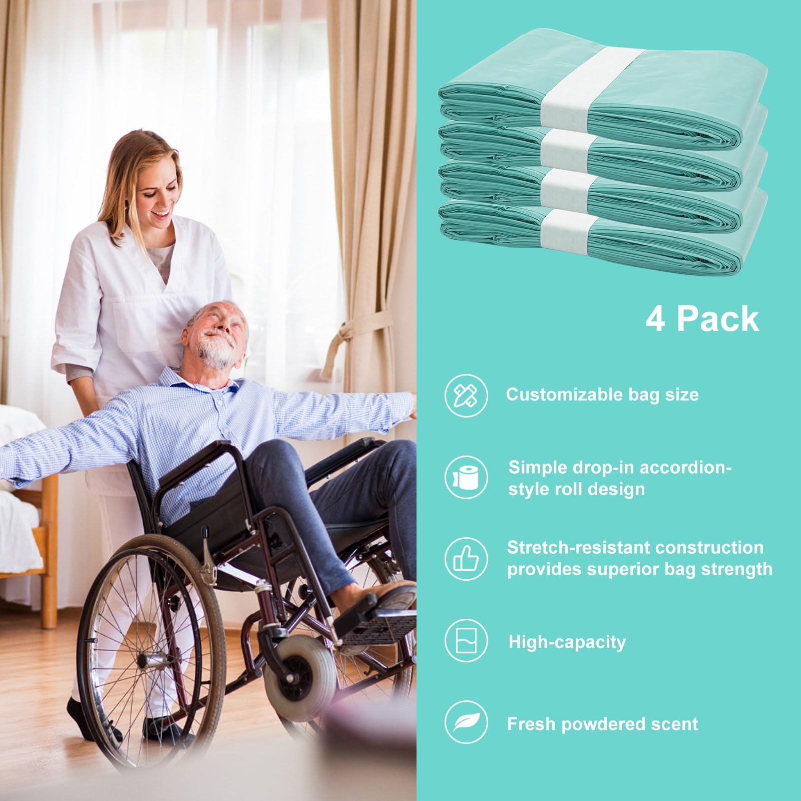 Zippland Diaper Pail Liner Refills, Green, Lightly Scented, 4 Count - Compatible with Janibell Akord 330 Series Adult Diaper System