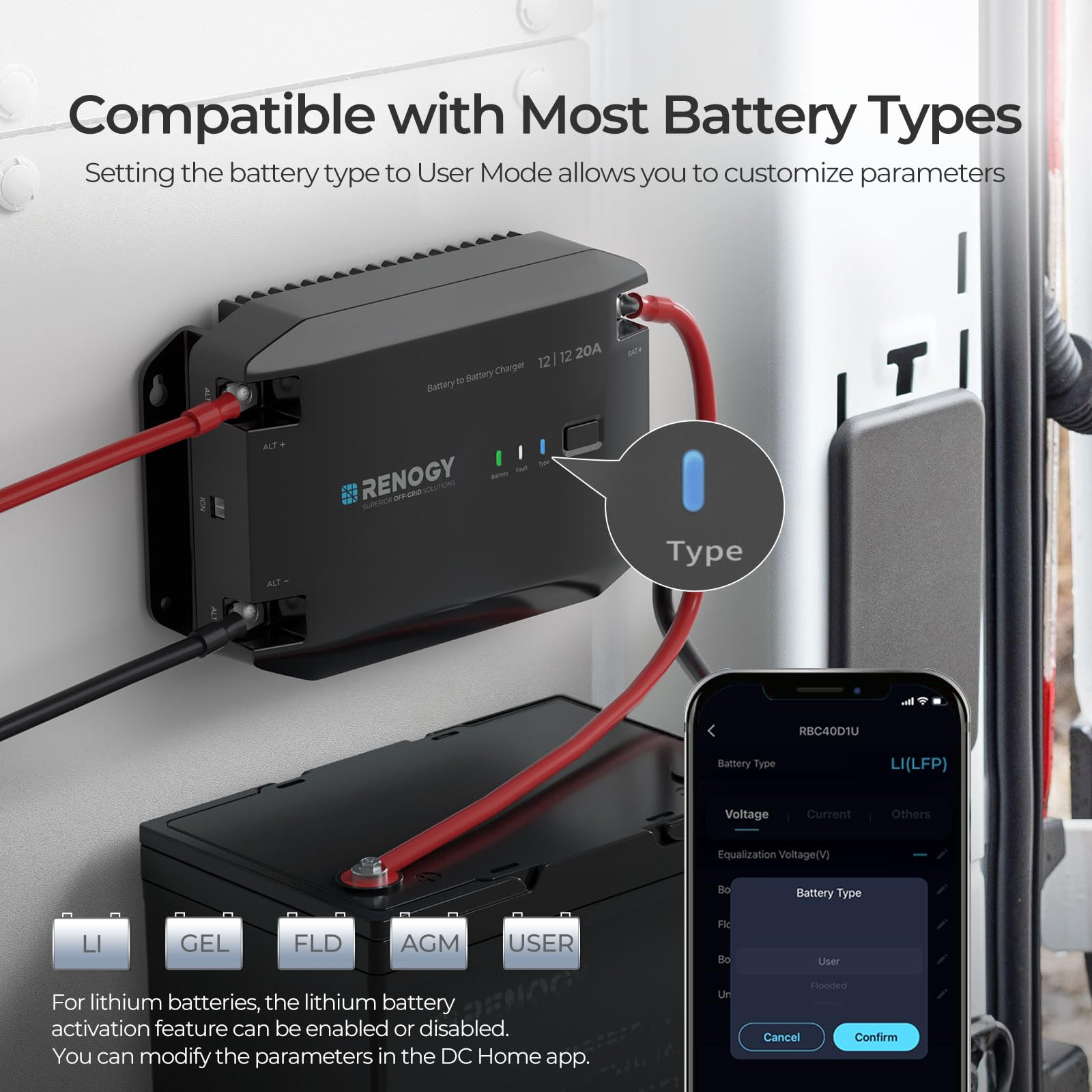 Renogy DC to DC Charger 12V 20A - Multi-Stage for LiFePO4, AGM, Gel, Flooded Batteries, Bluetooth Compatible