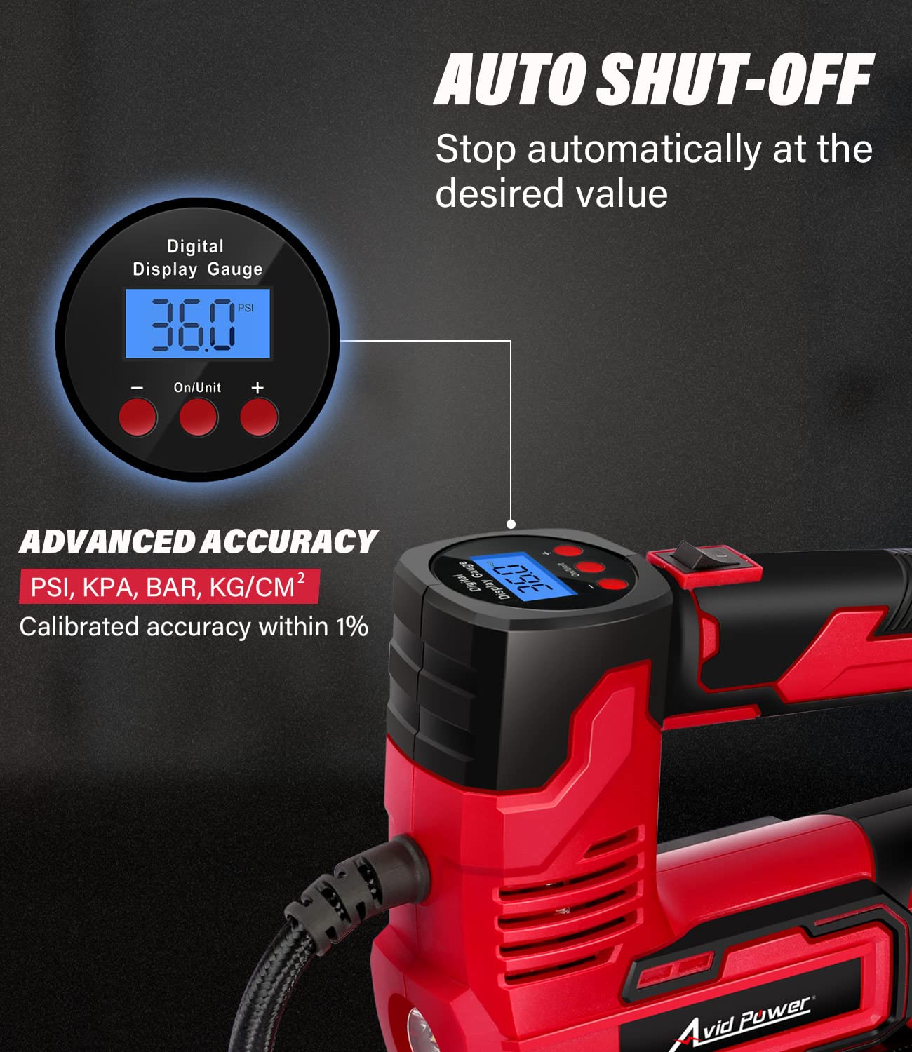Avid Power Tire Inflator Portable Air Compressor, 20V Cordless Car Tire Pump W/Rechargeable Li-Ion Battery, 12V Car Power Adapte