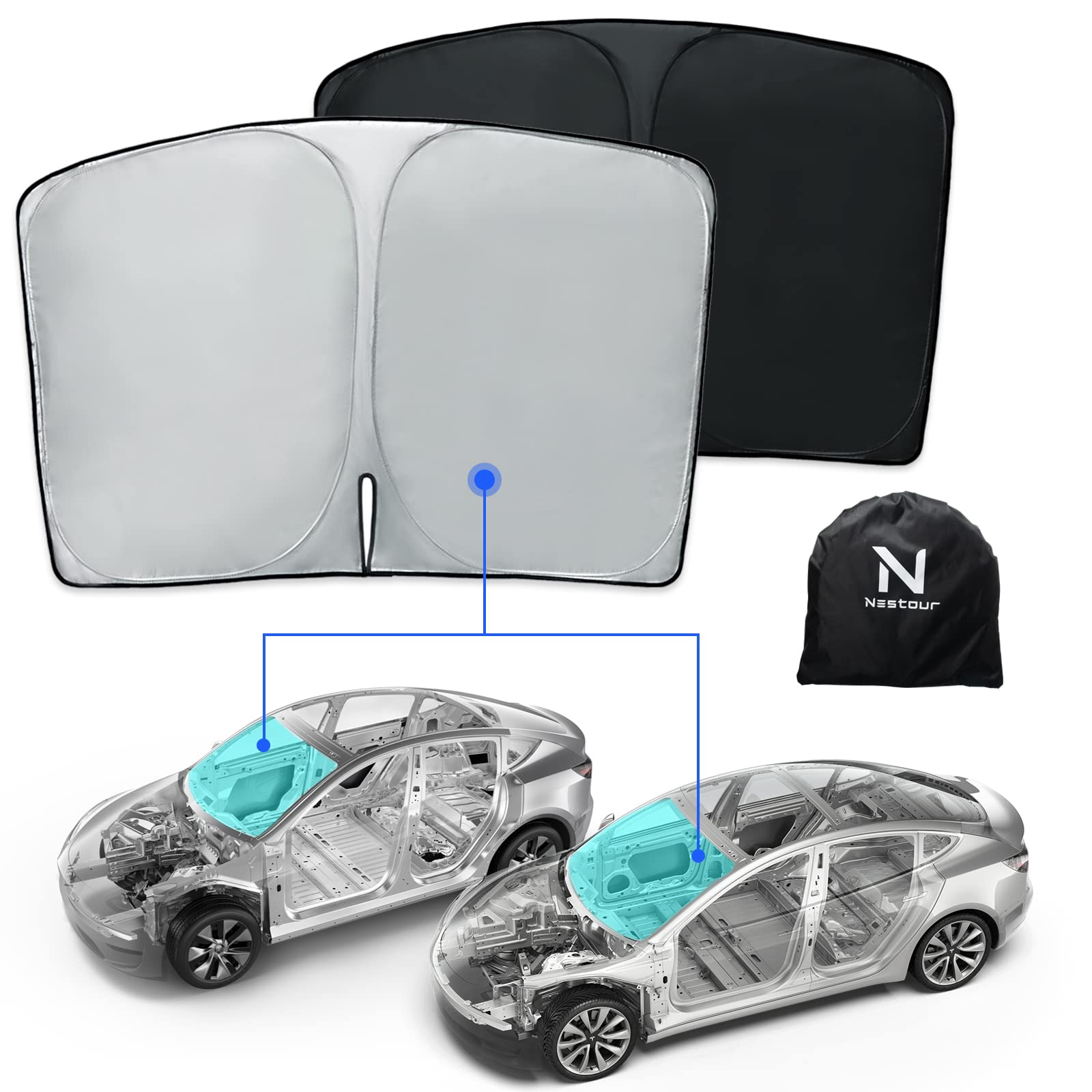 Nestour Tesla Model 3 Model Y Front Windshield Sunshade, Double-Layer Shade Fabric With Uv/Heat Insulation Film, Foldable Cover Sun Visor Protector