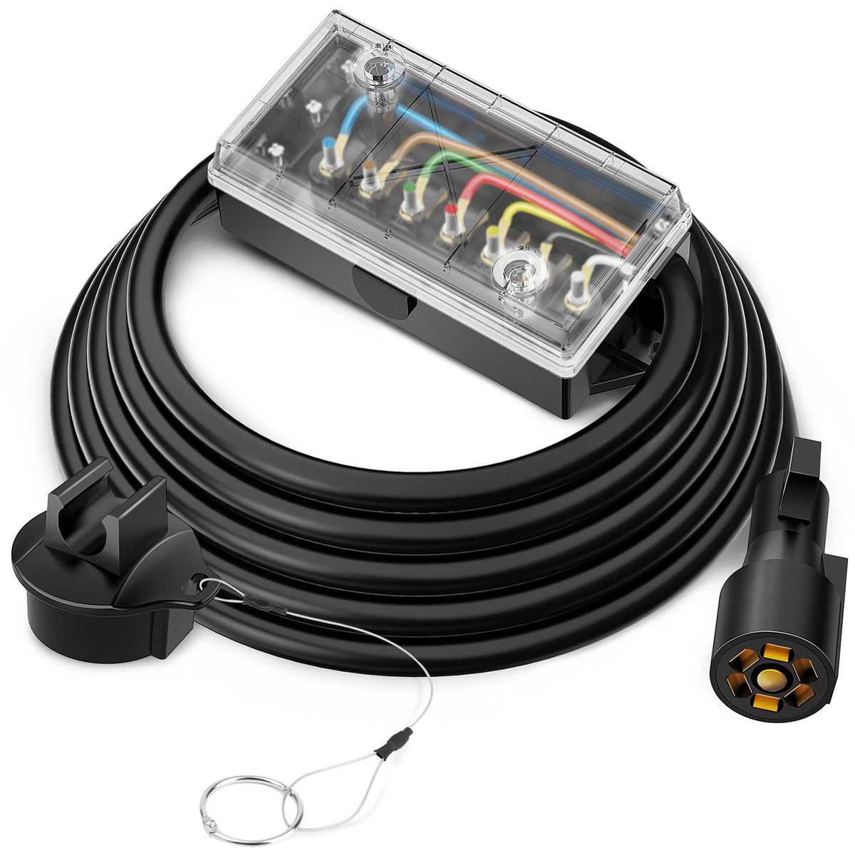 Mictuning Heavy Duty 7 Way Trailer Cord Plug Connector With Transparent Cover 7 Gang Junction Box - 8 Feet, Weatherproof
