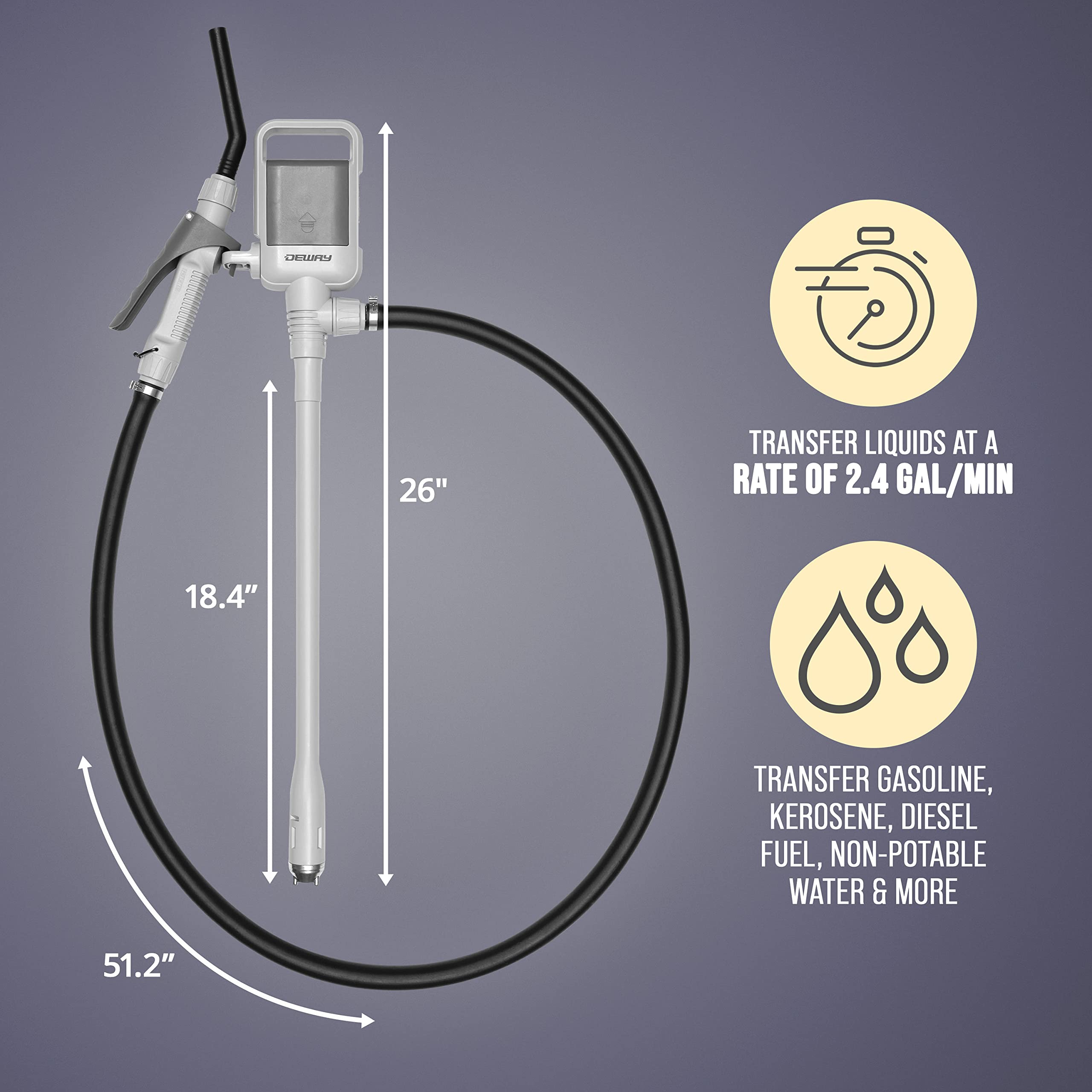 Deway Automatic Fuel Transfer Pump With Nozzle For Quick Flow Control & Stop, Heavy Duty Rubber Hose, 3X More Powerful D Battery