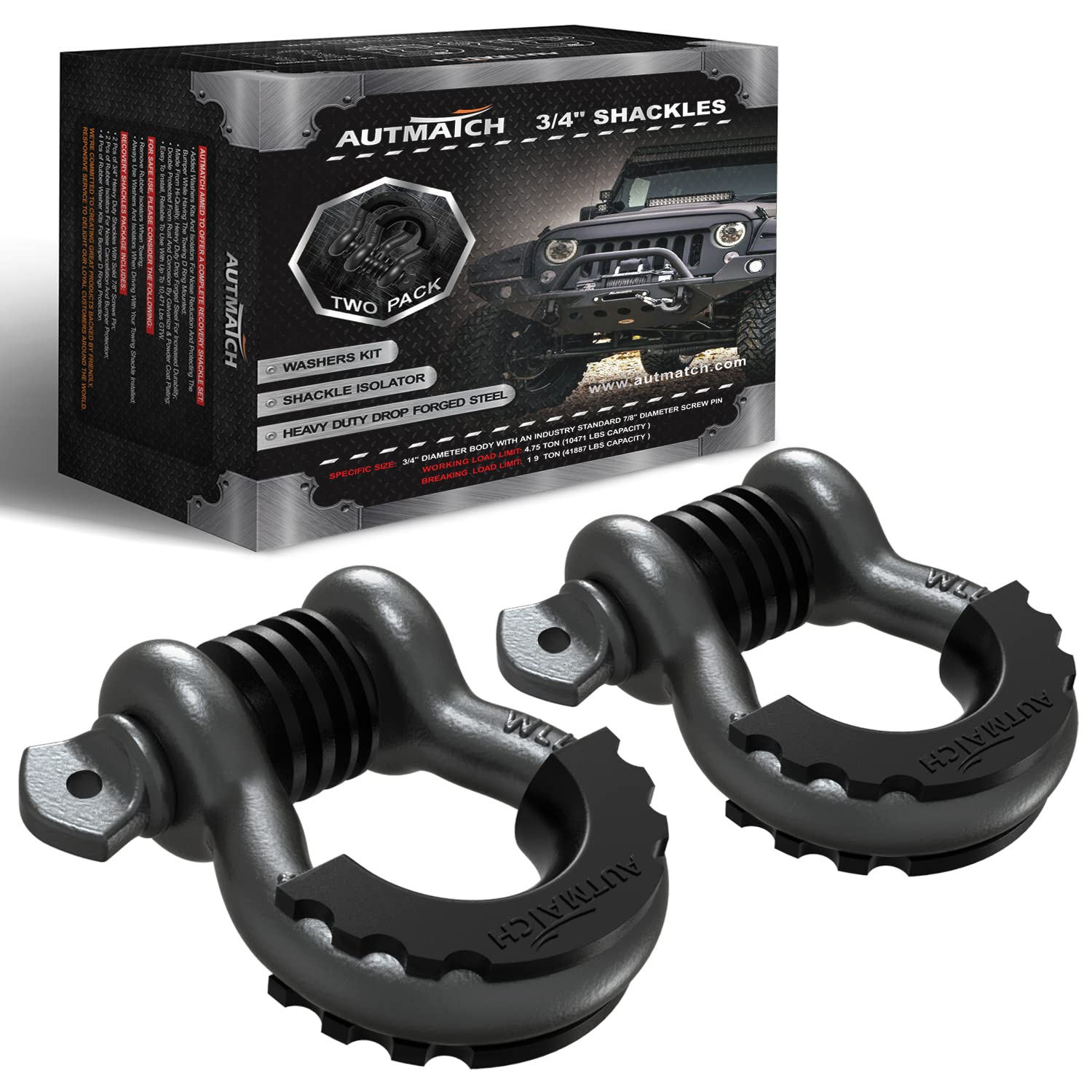 AUTMATCH D Ring Shackle 3/4  Shackles (2 Pack) 41,887Ibs Break Strength, Clevis Shackle with 7/8  Screw Pin & Shackle Isolator W