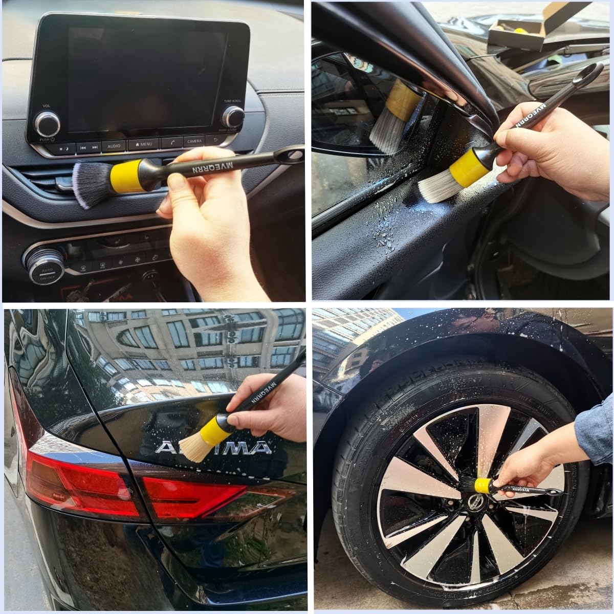 Mveqrrn 4Pcs Car Detailing Brush Set, Boars Hair, Ultra Soft, No Scratch, Interior & Exterior, Includes 4 Different Brushes, Erg