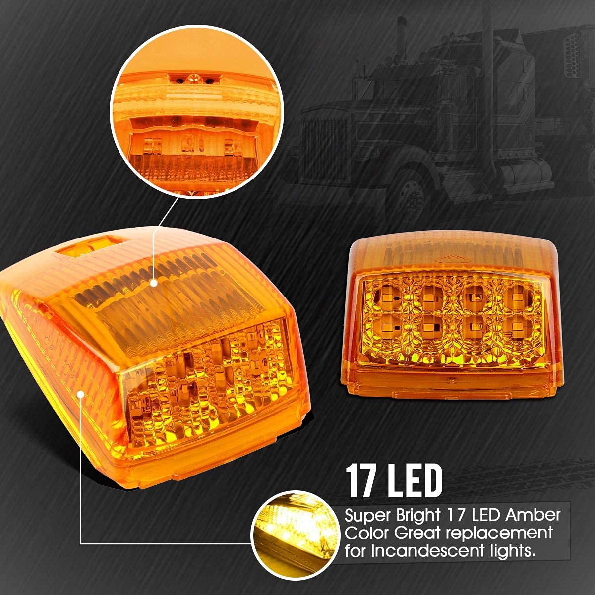 Partsam 5X Super Bright Amber Yellow 17Led Cab Marker Top Roof Lights Assembly Compatible With Kenworth/Peterbilt/Freightliner/M