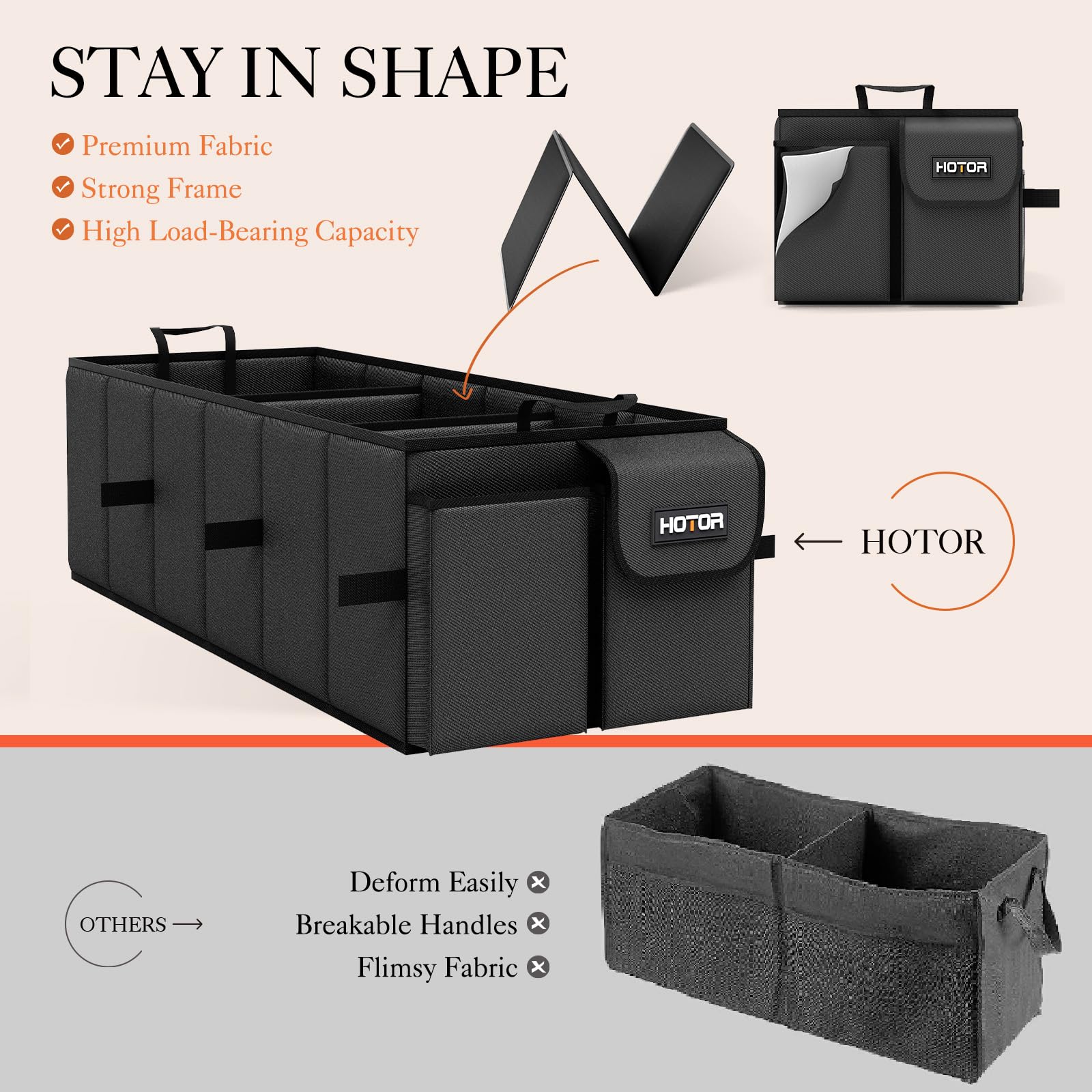 Hotor Foldable Trunk Organizer - Suv & Sedan Compatible, 3 Compartment, Black, 31.9 ''  12.6 ''  10.6 '' Sturdy Car Organization