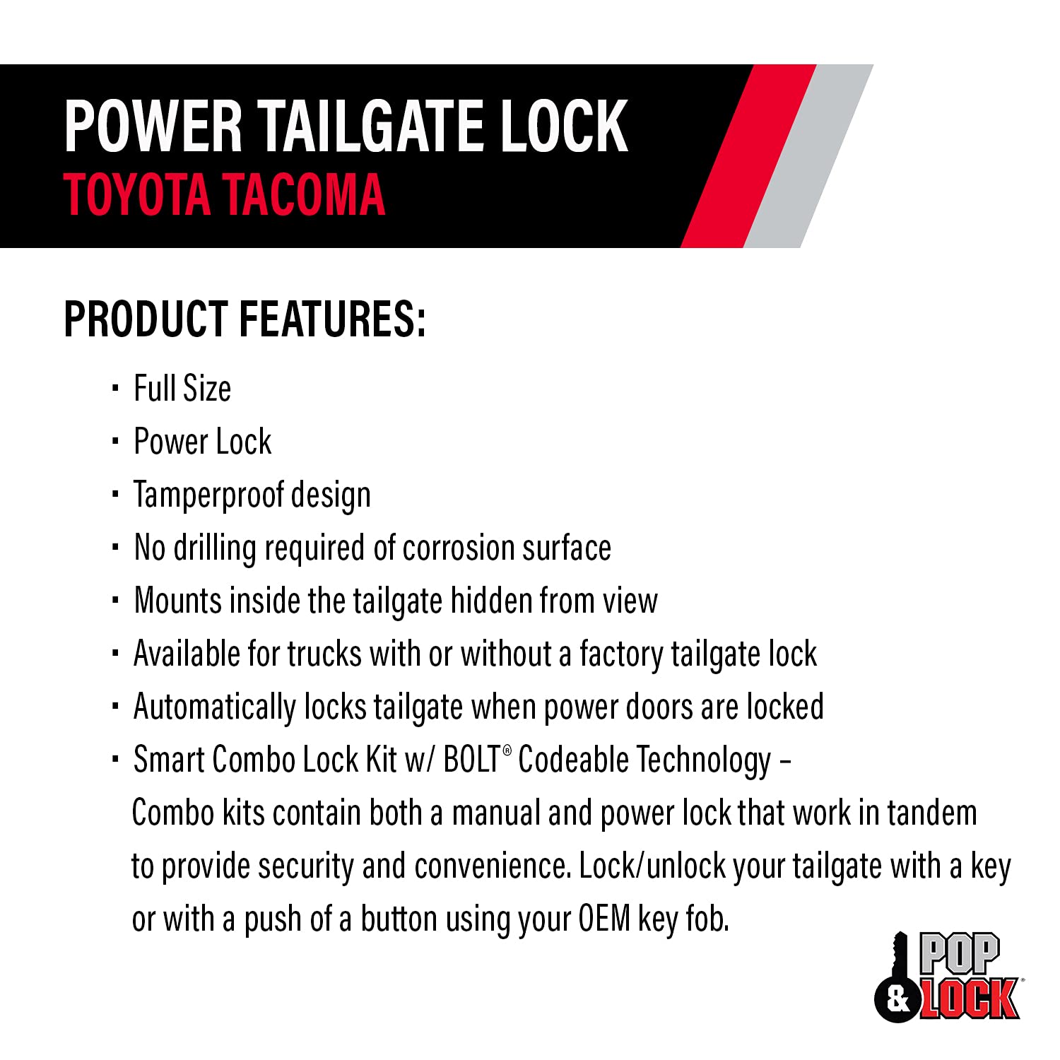 Pop & Lock - Power Tailgate Smart Lock Combo with Bolt Technology for Toyota Tacoma, Fits 2005 to 2015 Models (OEM Color Black,