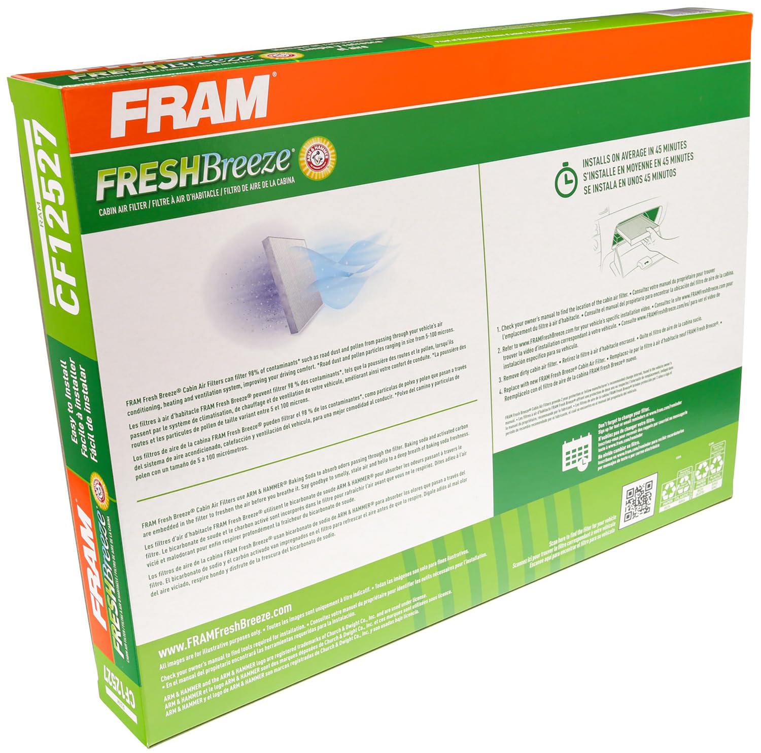 Fram Fresh Breeze Cabin Air Filter Replacement With Arm & Hammer Baking Soda And Activated Carbon, Cf12527, 2 Year Protection, E