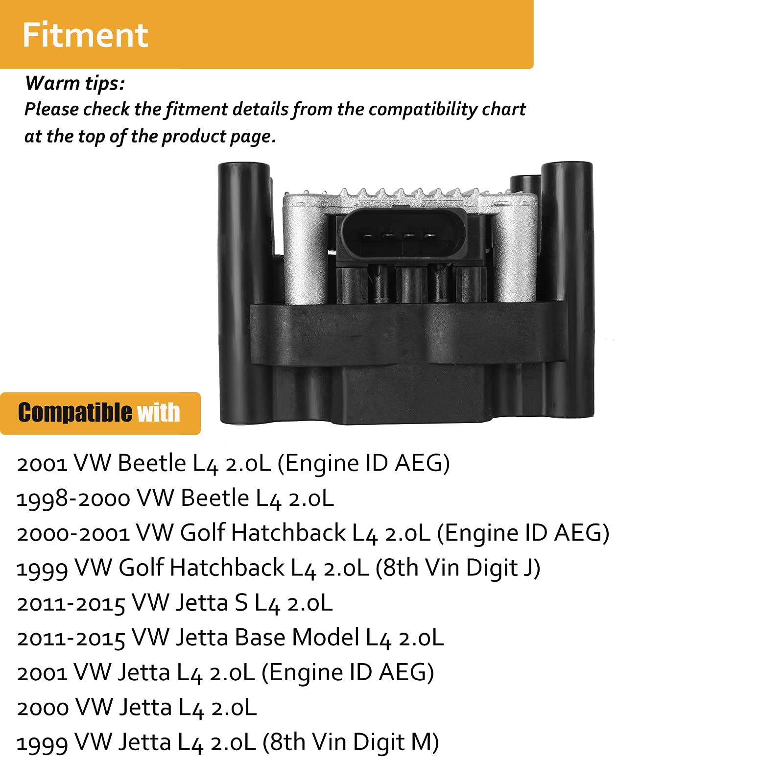 Npauto Ignition Coil Pack Compatible With 2.0 1998 1999 2000 2001 Vw Beetle Golf, 1999 2000 2001 2011 2012 2013 2014 2015 Jetta S Base L4 2.0L Replacement For 032905106E C1319 Uf277
