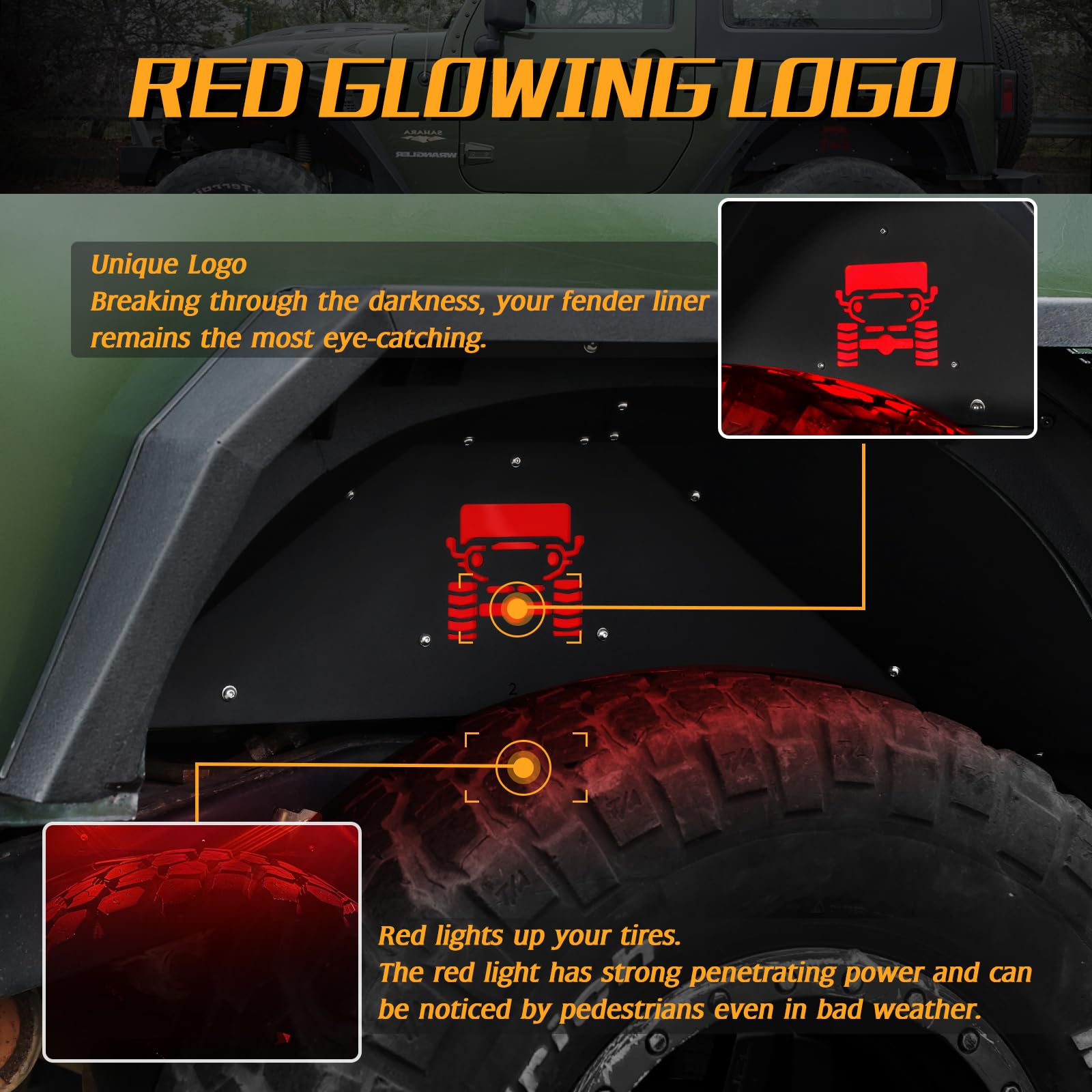 Jroad Rear Inner Fender Liners Compatible With Jeep Wrangler Jk Jku Aluminum,With 2 Led Lights For 2007-2018 Wrangler Accessorie