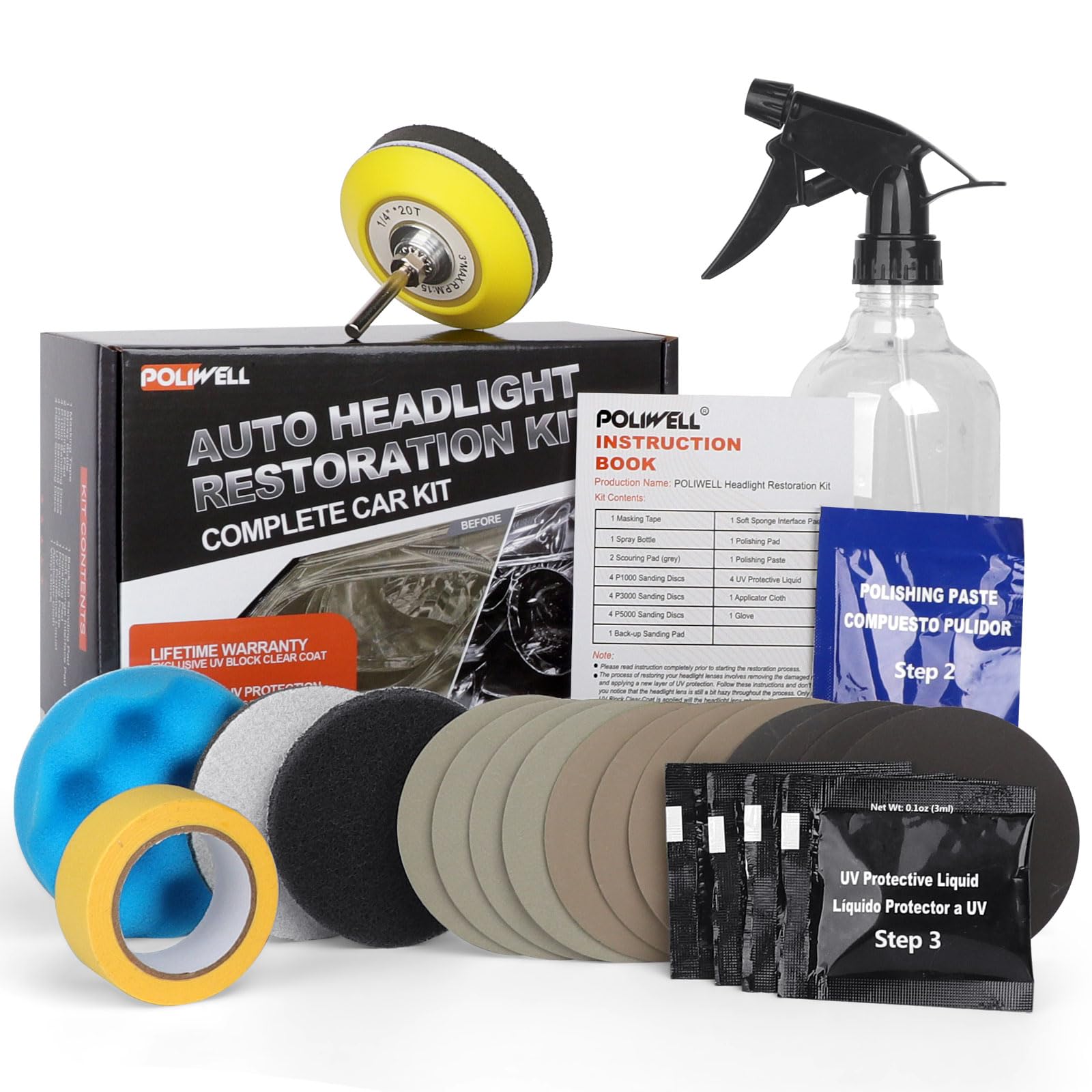 Poliwell Headlight Restoration Kit 3 Easy Steps To Restore Sun Damaged Headlights Polish Headlights Lens Restore Cleaner Diy Pol