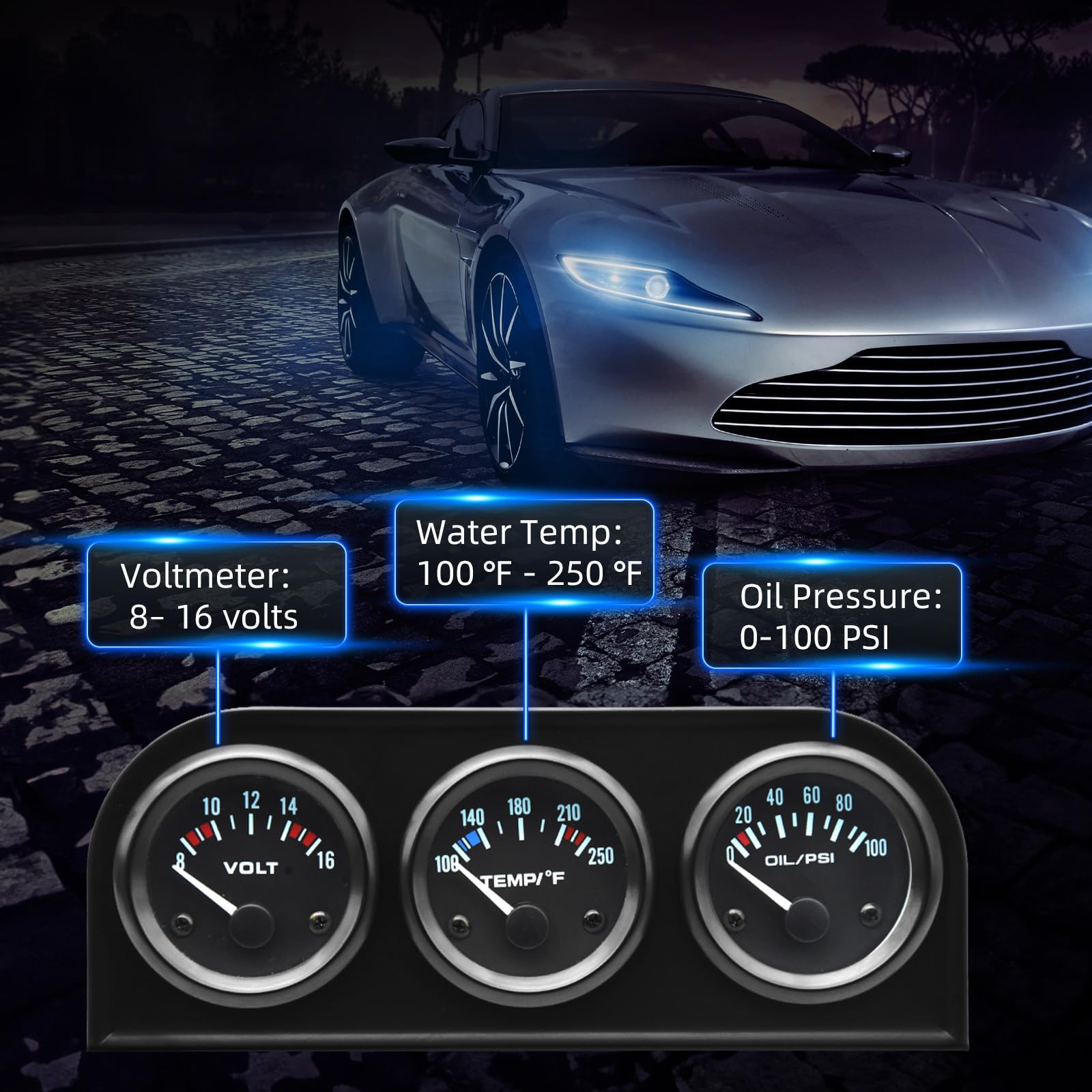 Artilaura 52Mm 3 In1 Car Auto Gauge Kit (Volt Meter+Water Temp+Oil Pressure Meter) Stainless Steel Triple Auto Dashboard Gauge S
