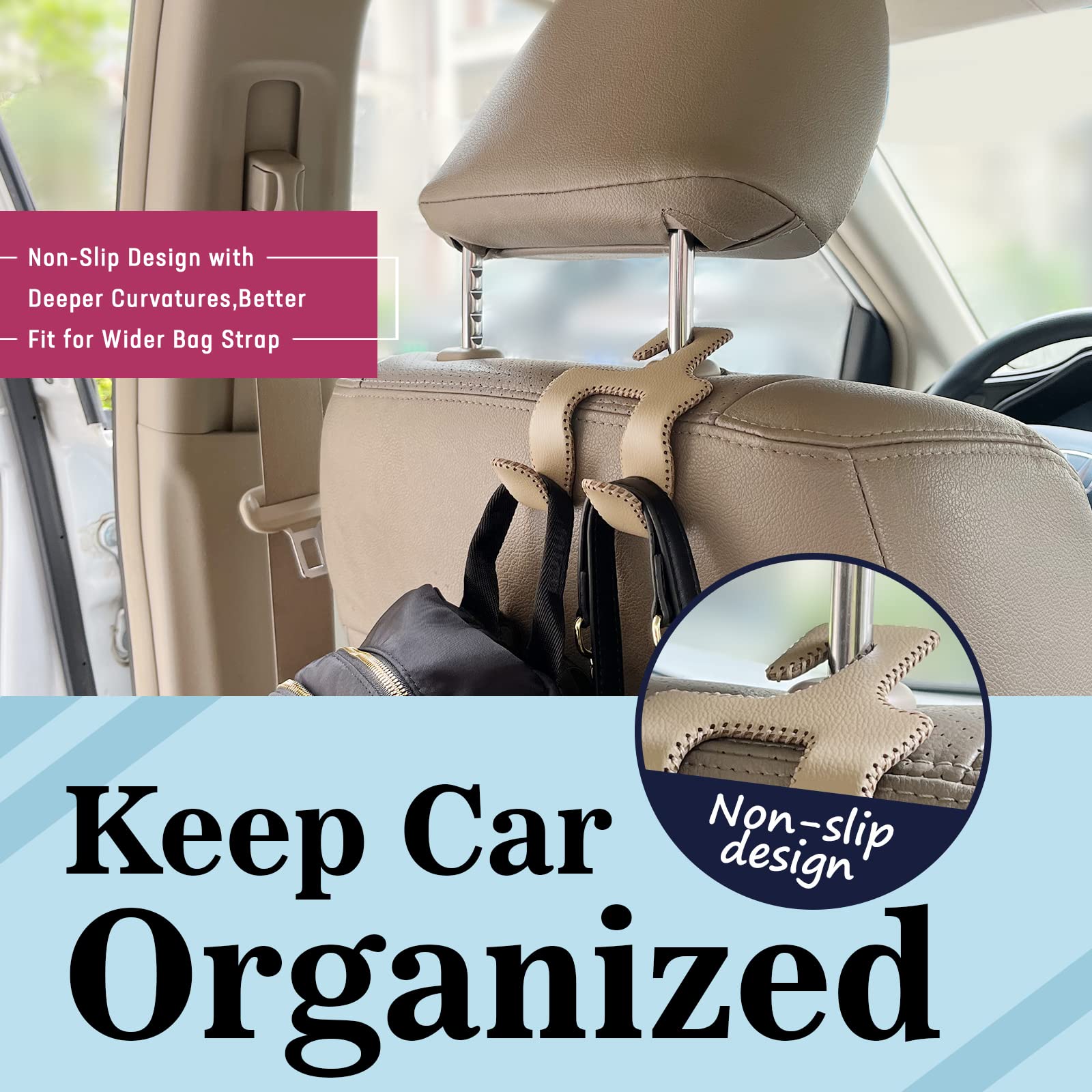 Tisohugo Upgraded Headrest Hooks For Purses And Bags, 2 In 1 Car Back Seat Head Rest Hanger Matching Cars Interior Genuine Leath