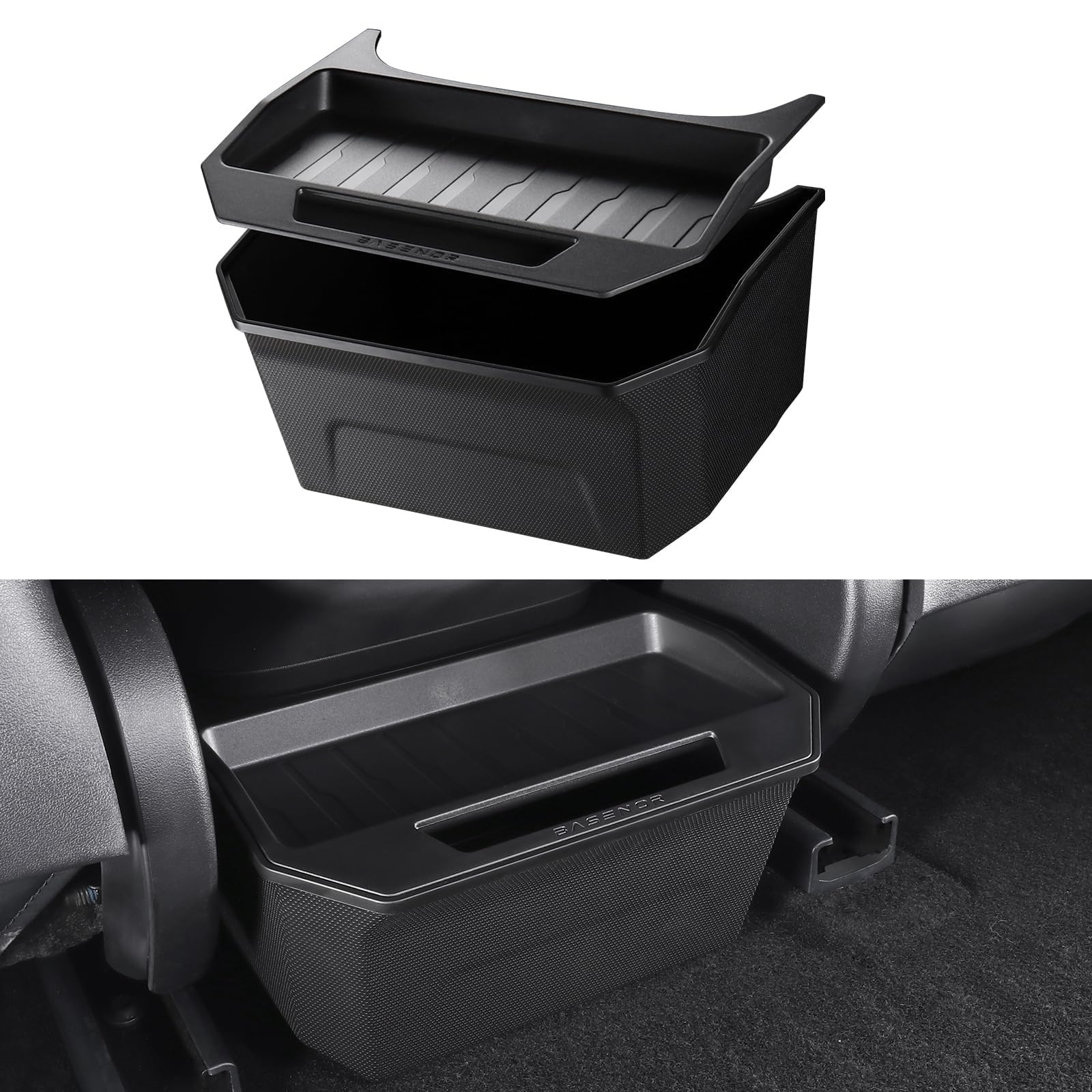 Basenor 2025 Upgrated Model 3 Trash Can, Rear Center Console Organizer Tray, Backseat Storage Box With Lid Cover For 2017-2023 M