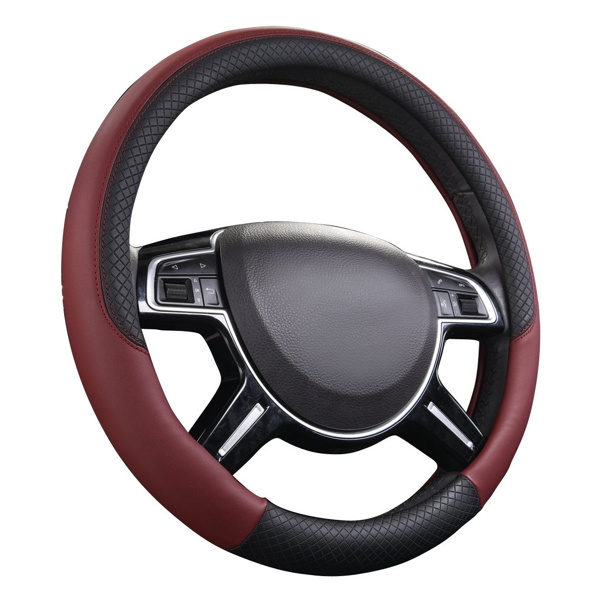 Car Pass Rhombus Leather Universal Steering Wheel Cover, Fit For Suvs,Trucks,Cars,Sedans,Vans (Black&Burgundy)