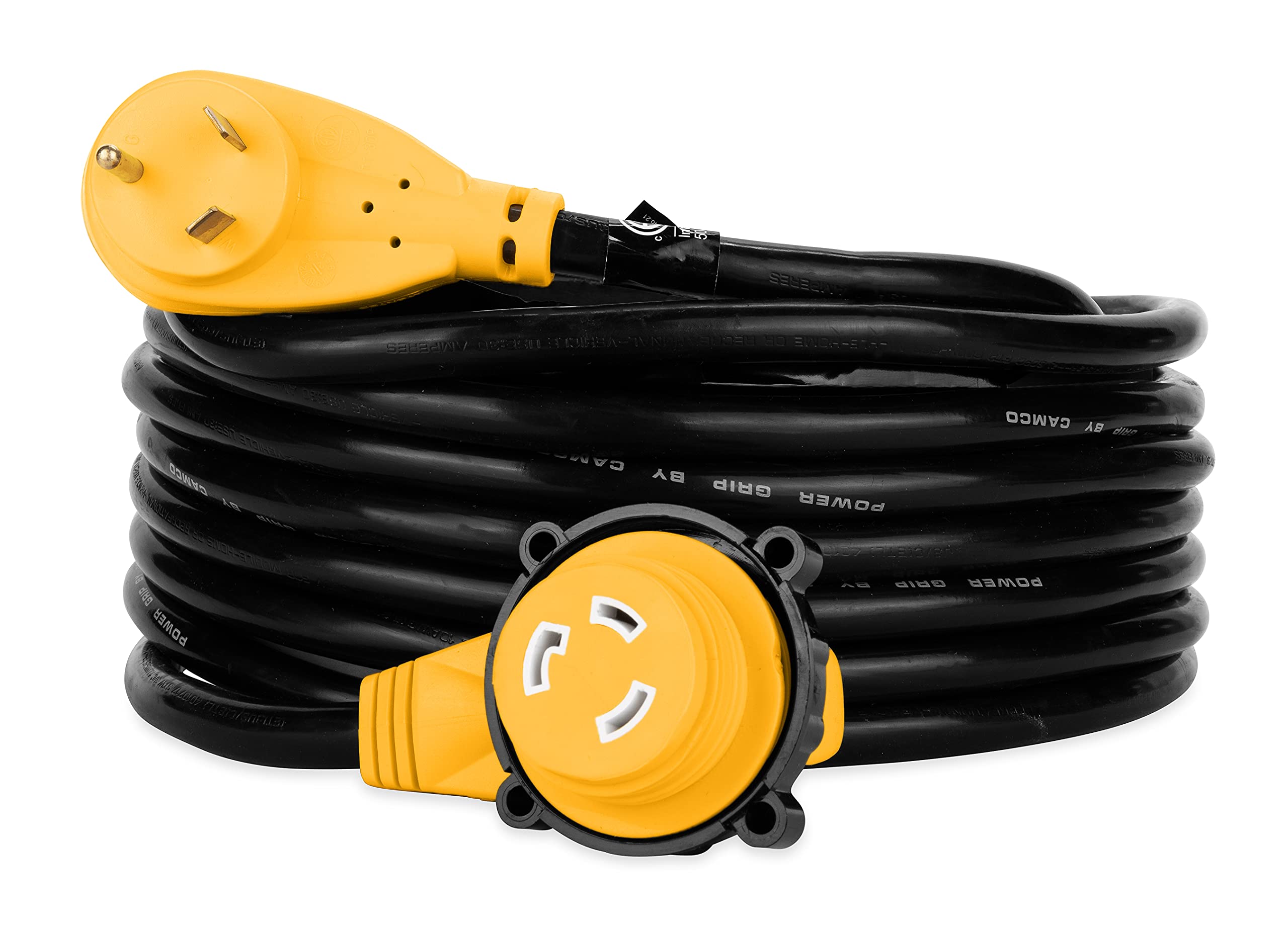 Camco Power Grip 25-Ft 30 Amp Rv Extension Cord W/90 Locking End - Rated For 125V / 3,750W - Features Threaded Locking Ring For 