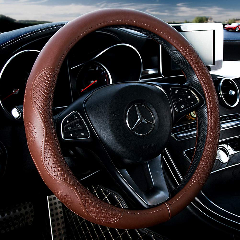Brown Wheel Cover Cowhide Steering Wheel Cover Brown Leather Car Steering Wheel Cover Universal 15.5Inch / Size L Fit Car/Auto/S