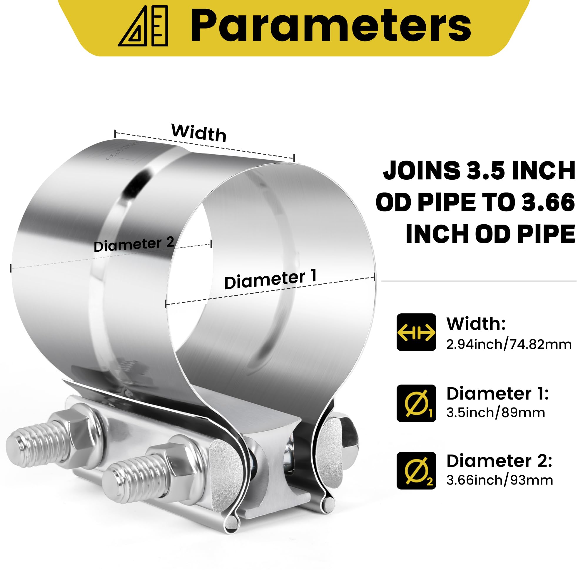 Zehclp 1 Pcs Exhaust Clamp 3 1/2 Butt Joint 304 Stainless Steel Band Lap Joint Band Clamp Stainless Steel For Pipes Catalytic Co