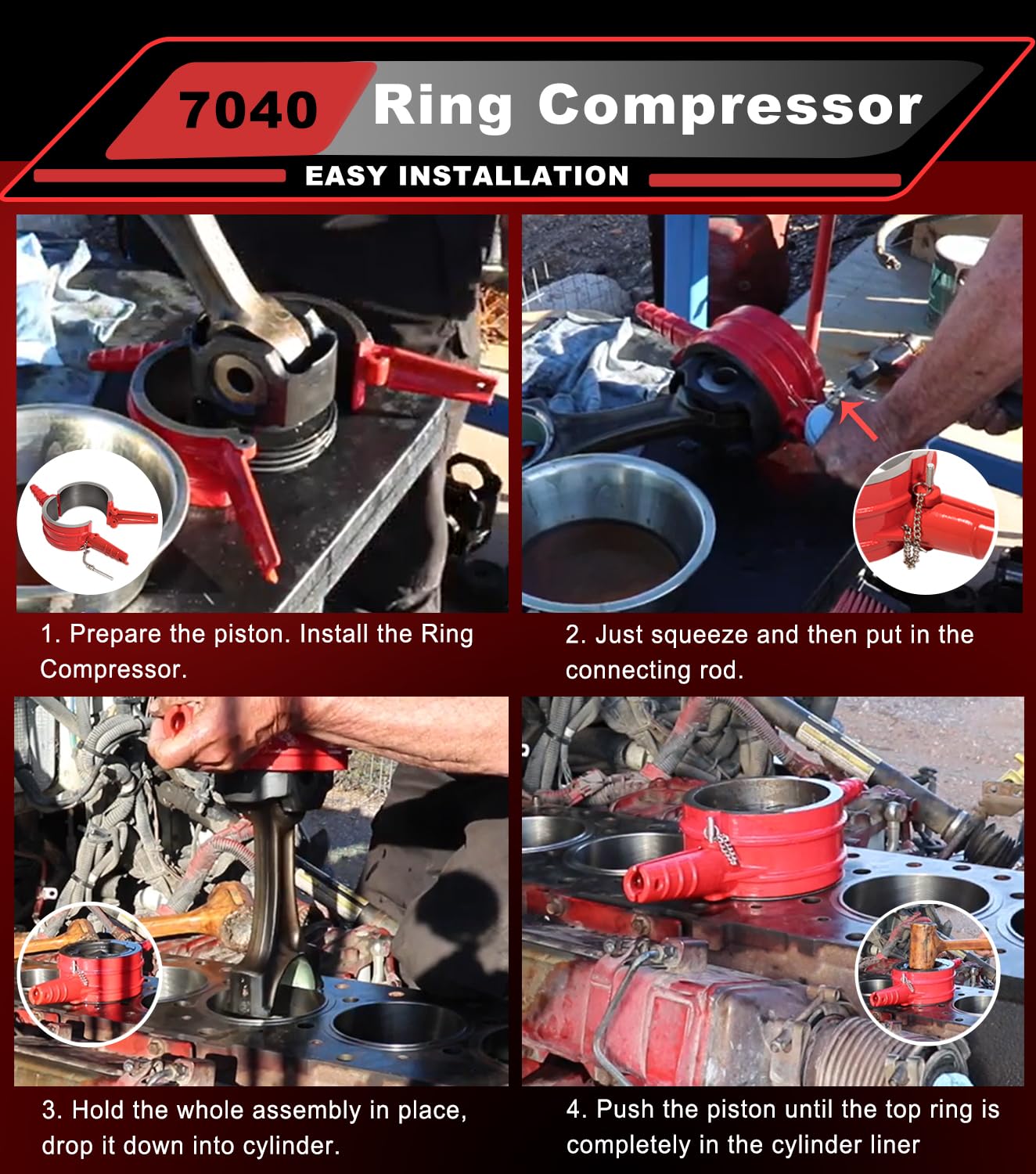 7040 Piston Ring Compressor Tool, Piston Ring Compressor Adapter & Anti-Polishing Ring Kit For Cummins ISX QSX 15, Caterpillar 3