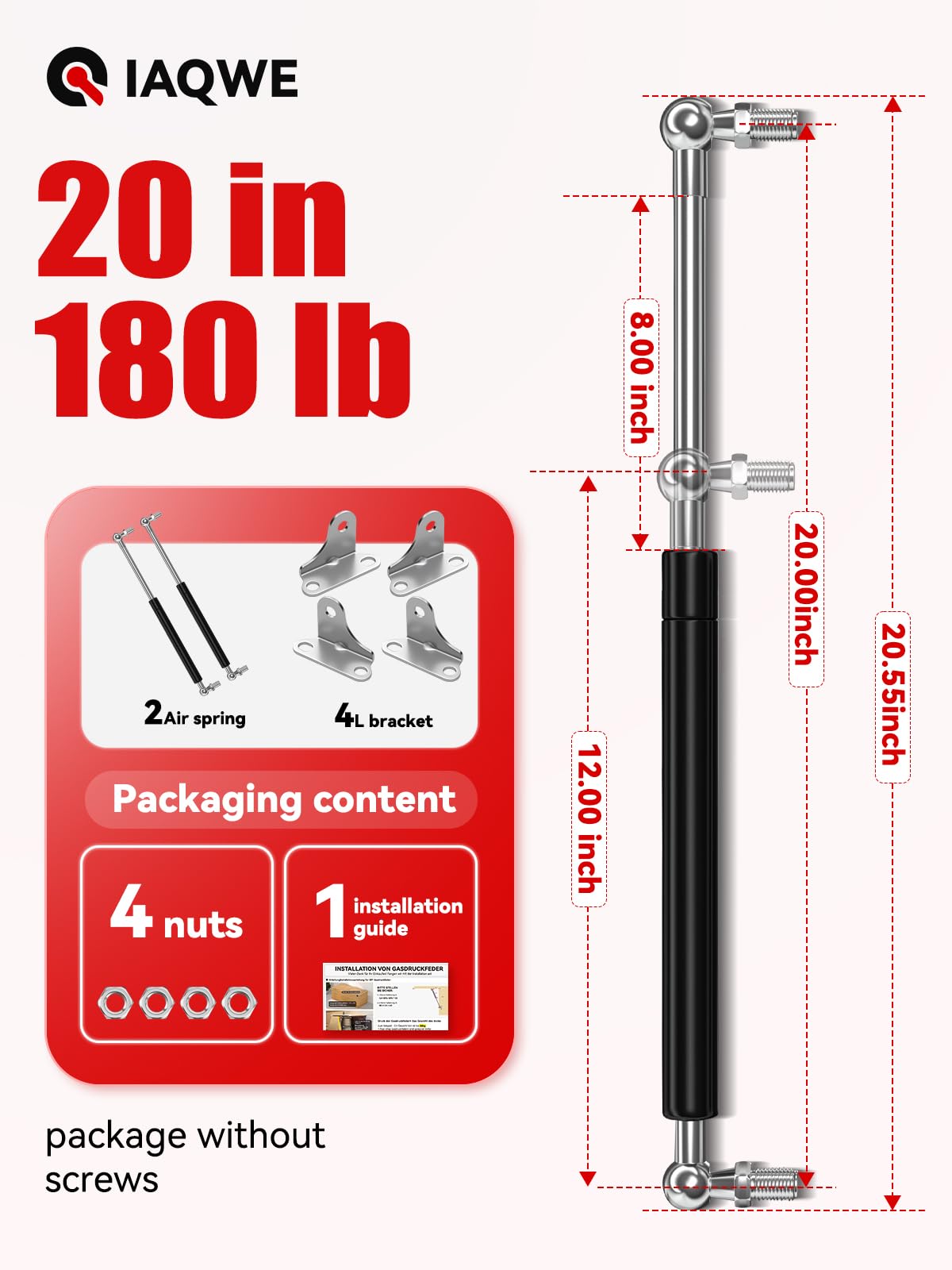 20 Inch 180Lb/800N Gas Struts Spring Shocks With L-Type Mount Brackets For Queen King Rv Bed Murphy Bed Heavy-Duty Tool Box Cabi