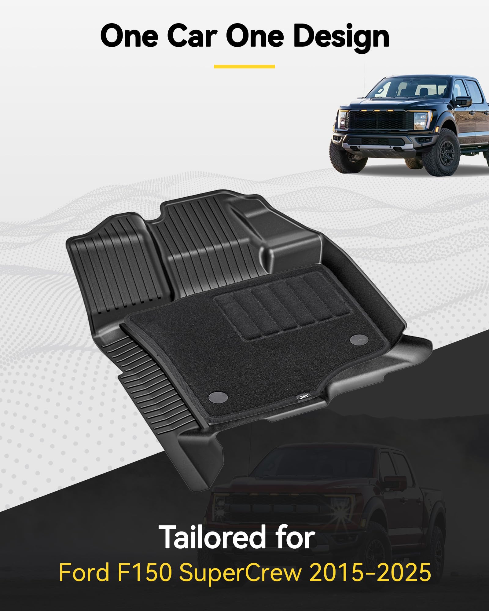 3W Floor Mats & Front Carpet Fit For 2015-2024 Ford F150 / F-150 Lightning Supercrew Cab, Tpe All Weather Heavy Duty Floor Liner