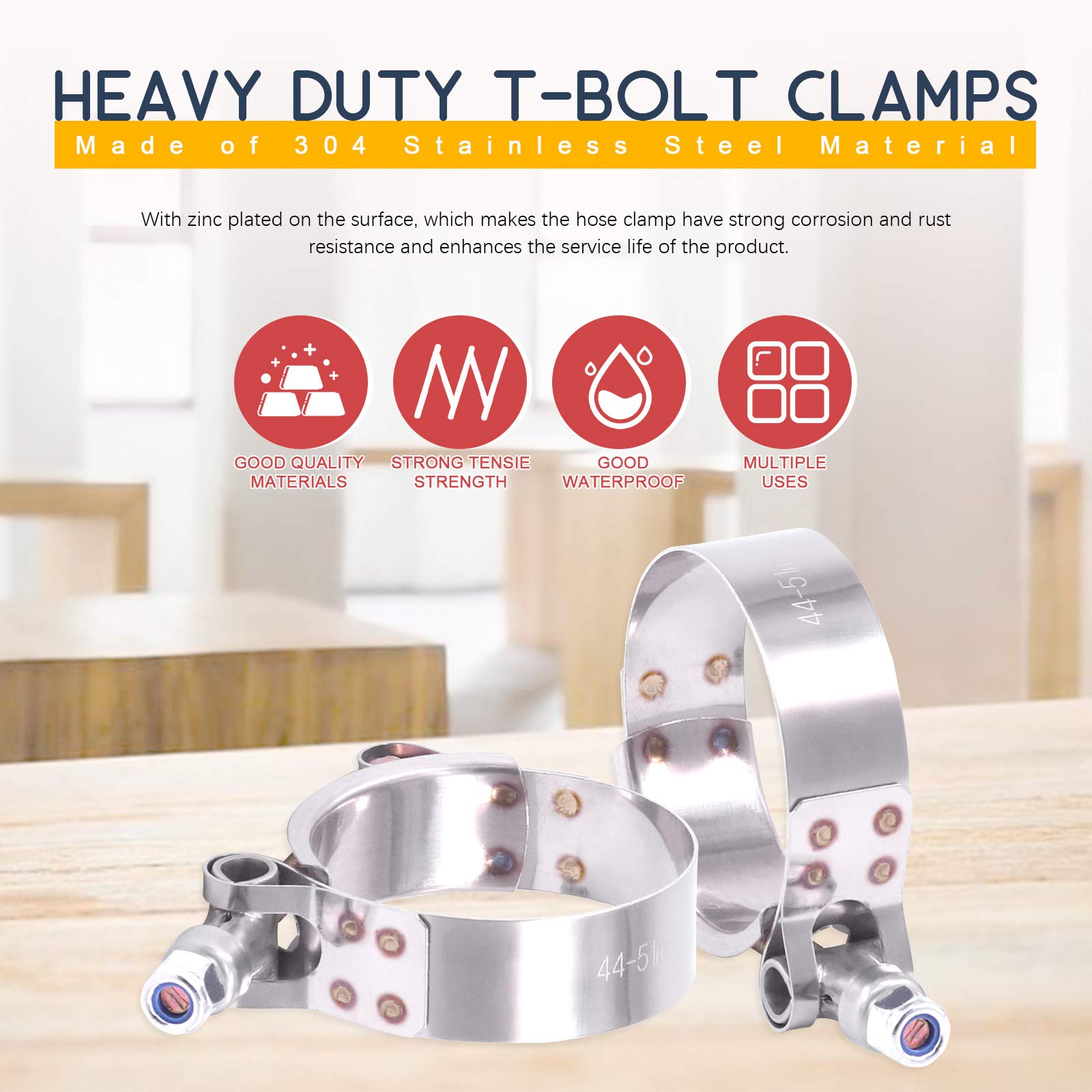 Hilitchi 2Pcs Stainless Steel T-Bolt Clamps With Rounded Band Edges Heavy Duty Turbo Intake Intercooler Clamp (44-51Mm) For 1 1/
