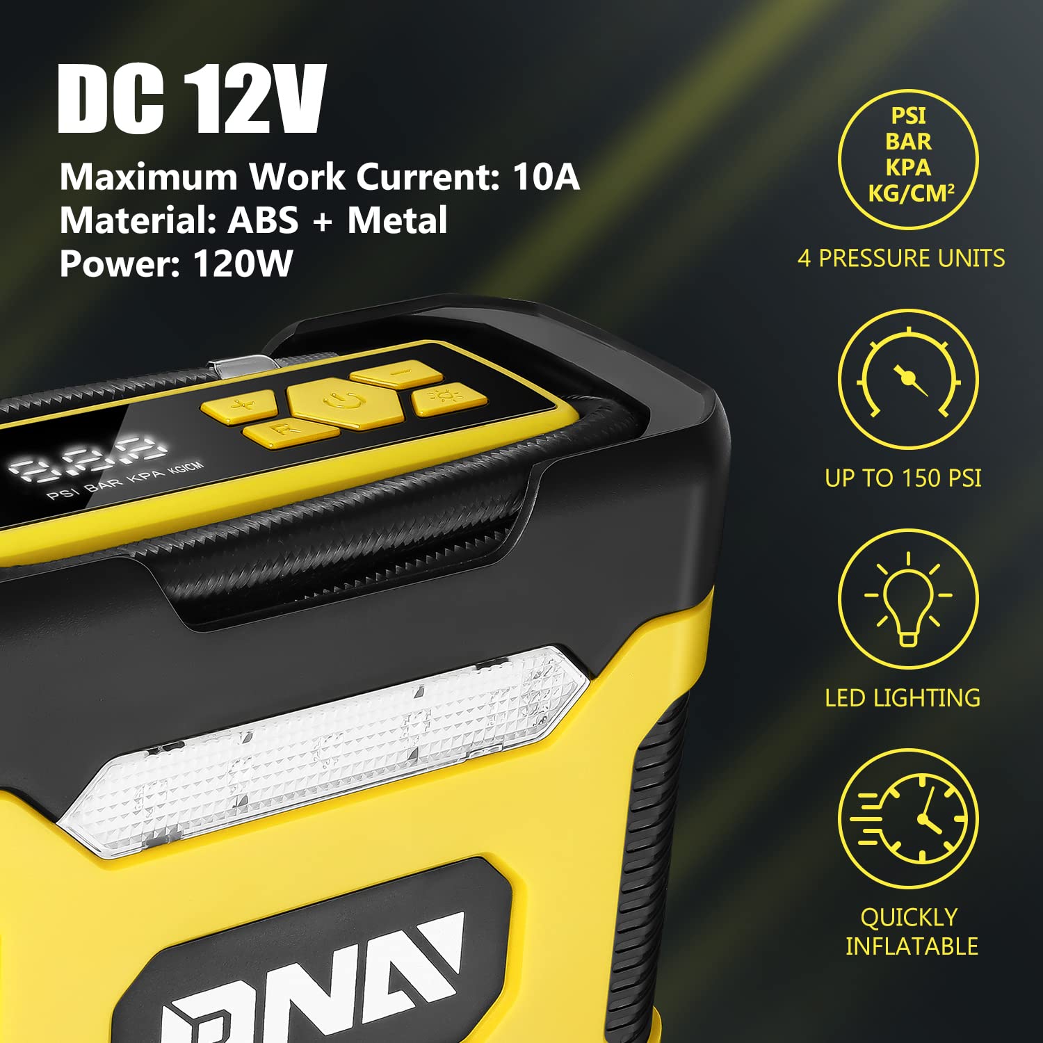 Dna Motoring Tools-00211 Yellow 12V Dc Digital Tire Inflator Portable Air Compressor With Pressure Gauge For Cars, Bicycles, Mot