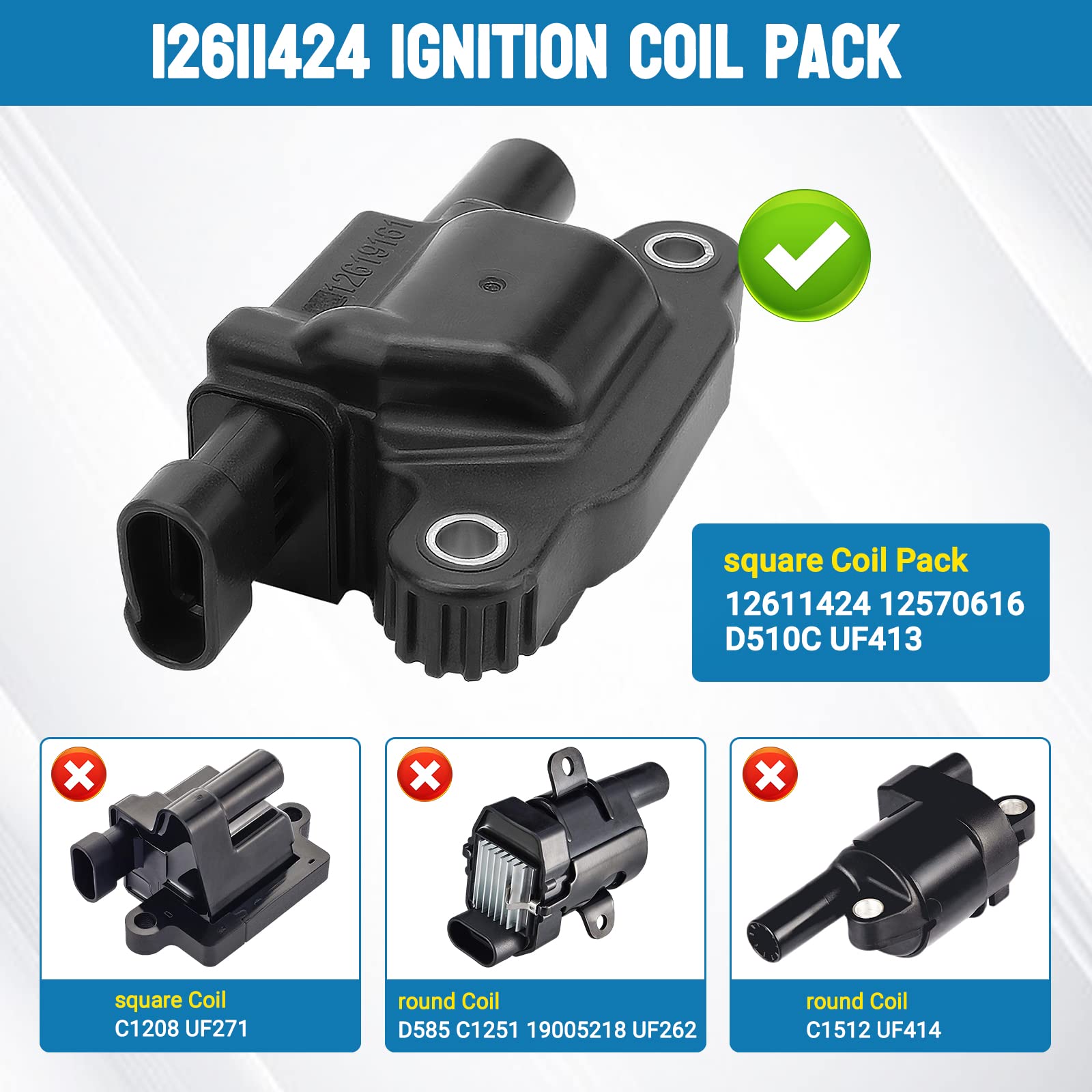 12611424 Ignition Coil Pack Compatible With Chevy Cadillac Gmc Pontiac 5.3L 6.0L V8 Engine G8 Grand Prix H3 Silverado Tahoe Yukon Impala - Replace # 12570616 D510C Uf413, Set Of 8 Ignition Coil