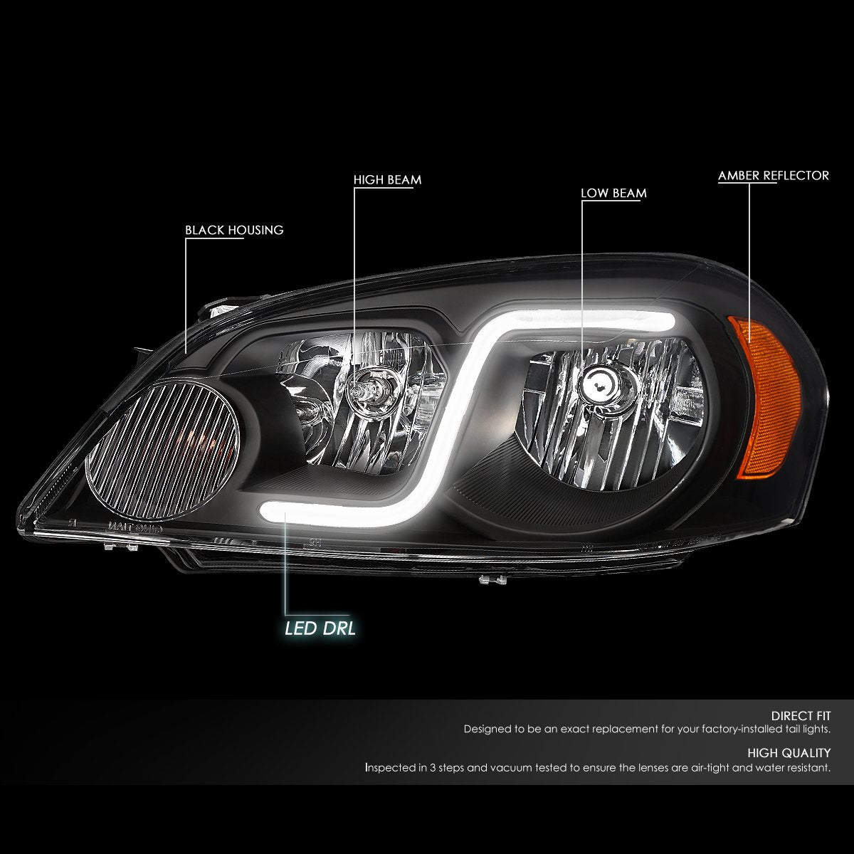 Dna Motoring Hl-Lb-Ci06-Bk-Am Black Amber Headlights With Led Day Running Light Strip Replacement For 06-13 Impala