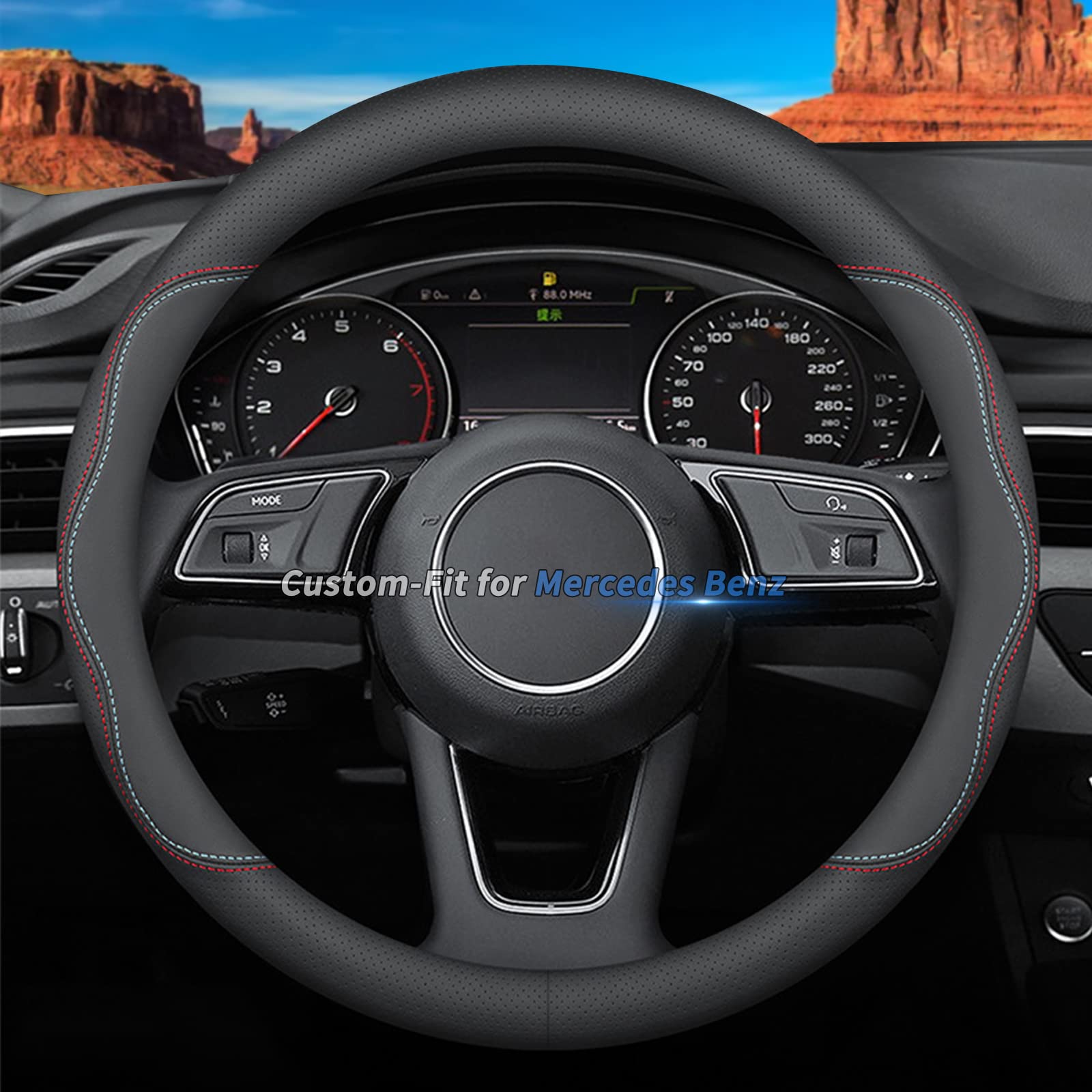 Deer Route Custom-Fit For Mercedes Benz Steering Wheel Cover, Premium Leather Car Steering Wheel Cover With Logo, Non-Slip, Brea