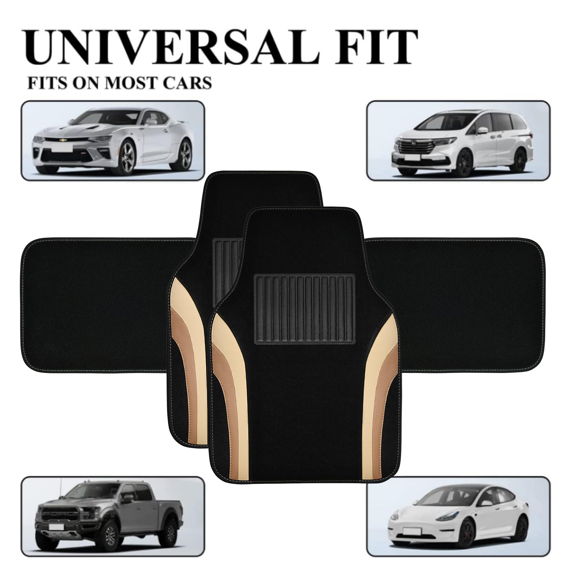 Car Pass Beige Leather Car Floor Mats, Sporty Waterproof Car Carpet,Universal Automotive Floor Mats Fit For Sedans, Cars, Mid Tr