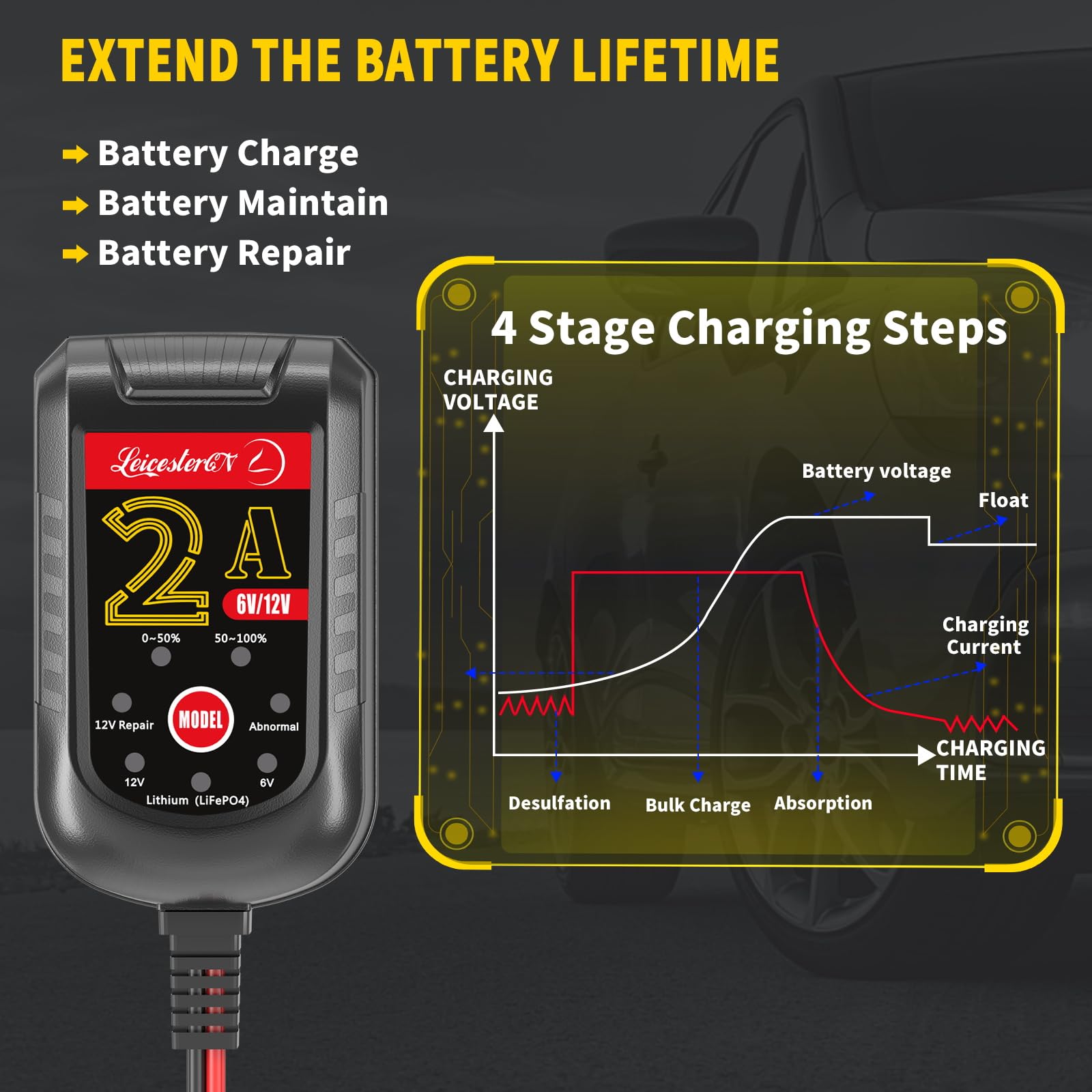 LST Trickle Battery Charger Automatic Maintainer 6V 12V Smart Float Charger for Automotive Car Motorcycle Lawn Mower Tractor SLA