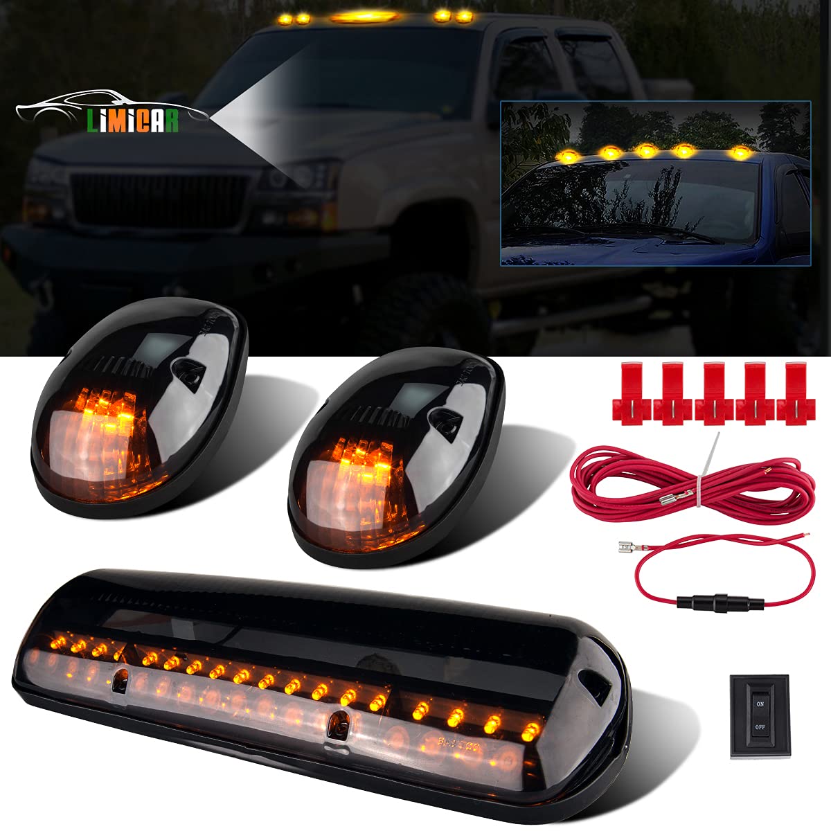 Limicar 3X Smoked Cover Cab Roof Top Marker Running Lamps Amber 30 Led Lights Compatible W/ 2002-2007 Chevrolet Silverado/Gmc Si