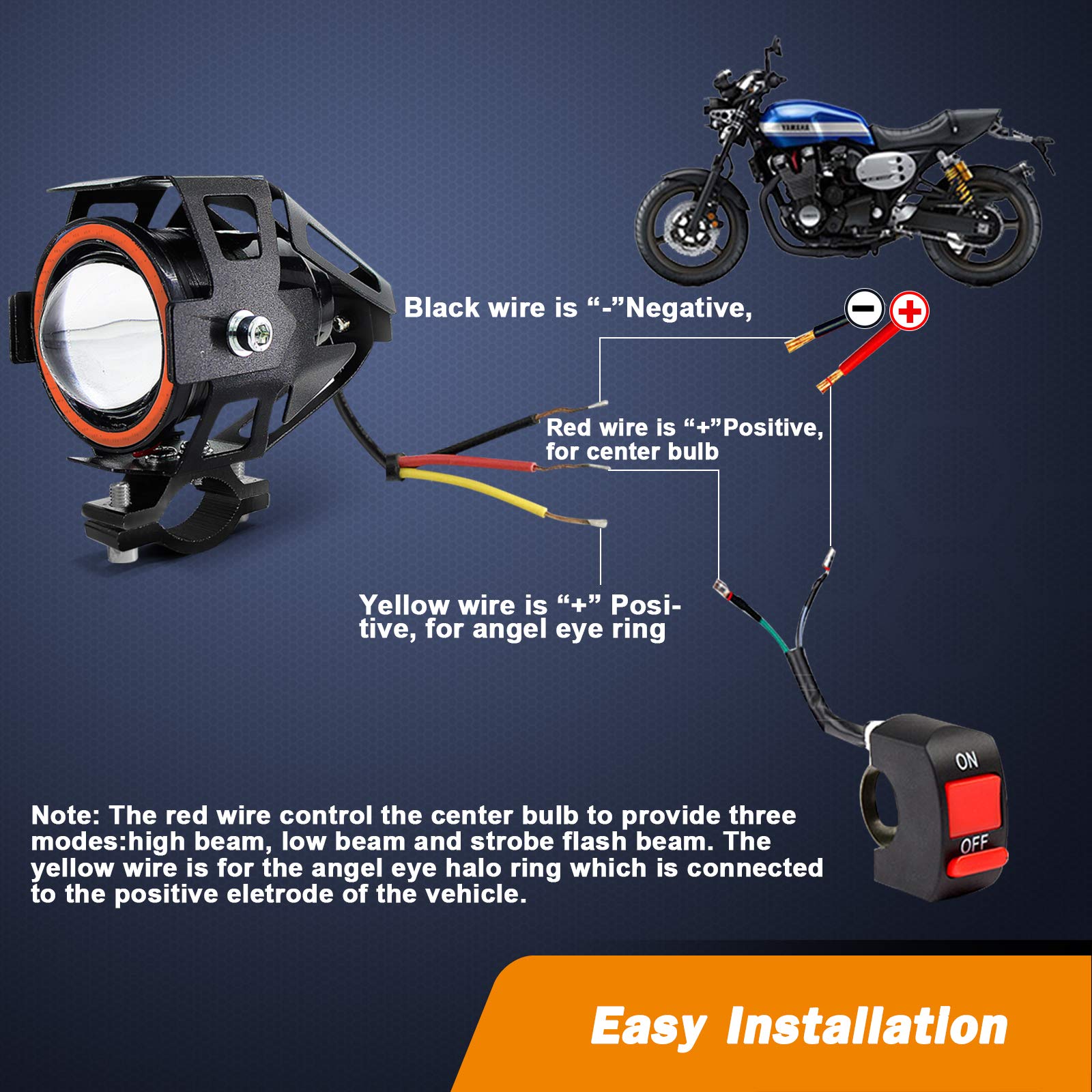 Motorcycle Led Fog Lights U7 Spotlight Daytime Running Lights With Red Angel Eyes Halo Ring And On/Off Toggle Switch 2-Sets