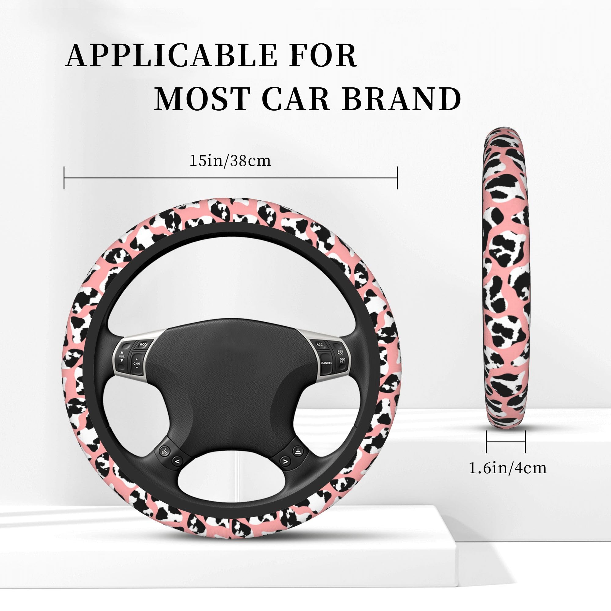 Cow Print Steering Wheel Cover, Universal 15 Inch Anti-Slip Car Steering Wheel Protector, Pink Leopard