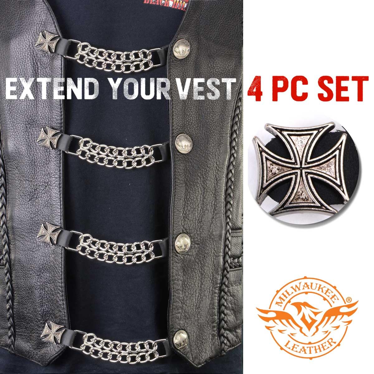Milwaukee Leather MLA6045SET Iron Cross 4-PCS Vest Extender Double Chrome Chains w/Genuine Leather 6'' Extension - 6 Inch