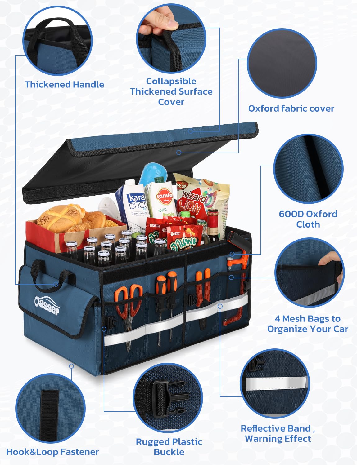 Oasser Car Trunk Organizer Collapsible Multi Compartments Trunk Organizer For Suv With Foldable Cover Reflective Strip (Standard