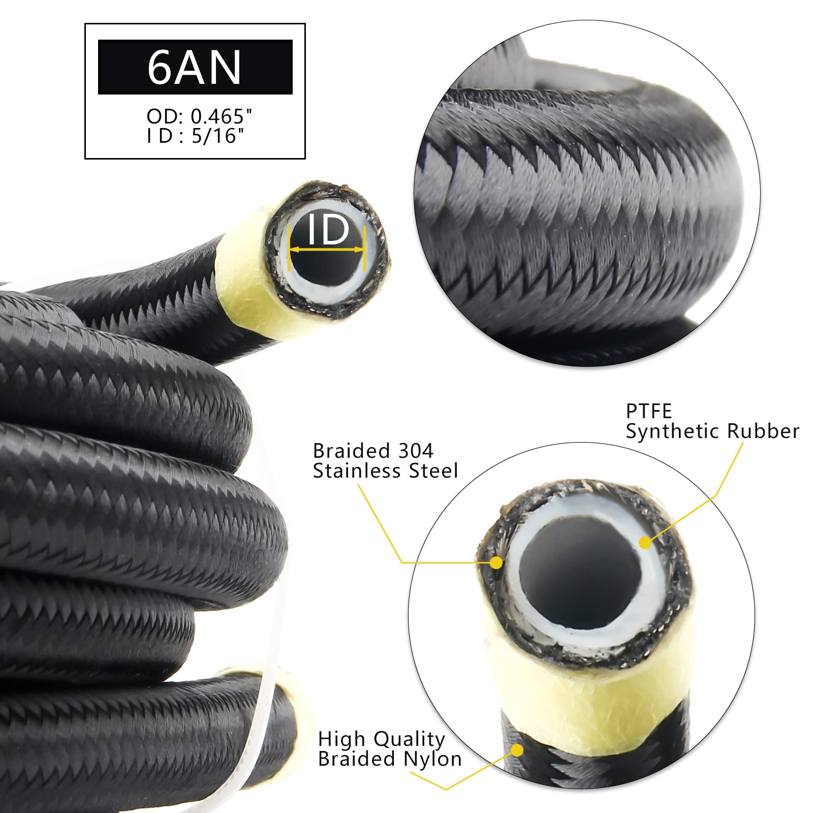 Medoon 6An Ptfe Fuel Line Kit, Nylon Stainless Steel Braided Fuel Hose, Ls Swap Efi E85 Injection Fuel Ptfe Fitting 3/8'' 26Ft