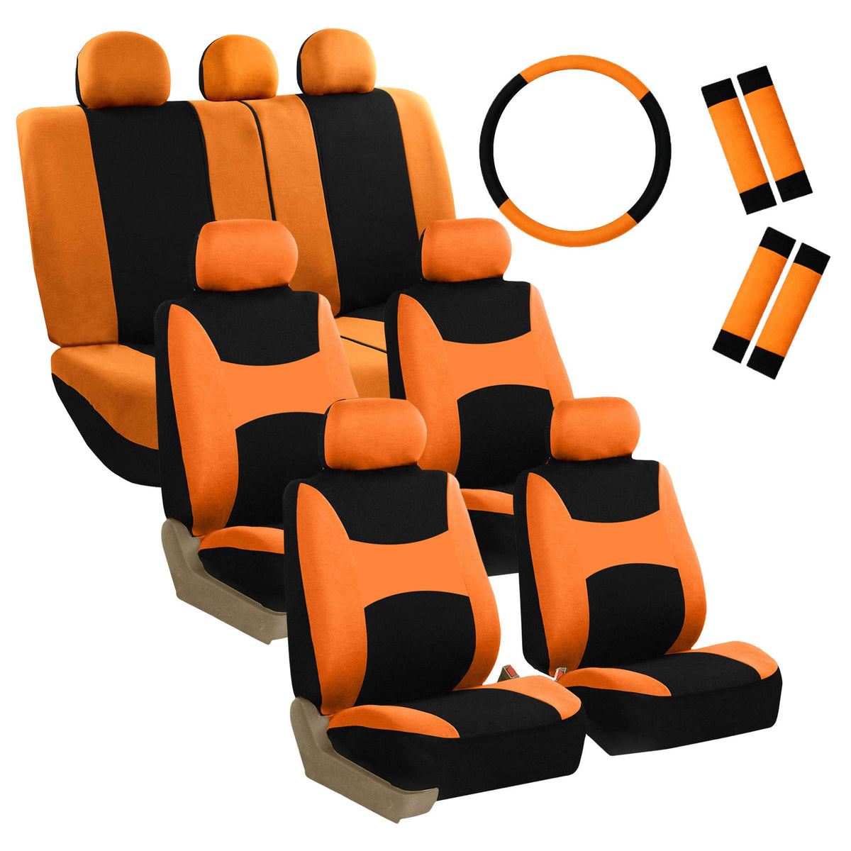 Fh Group Automotive Seat Covers Light & Breezy Flat Cloth  Three Row Set Orange Combo Steering Wheel Cover & Seat Belt Pads, Air