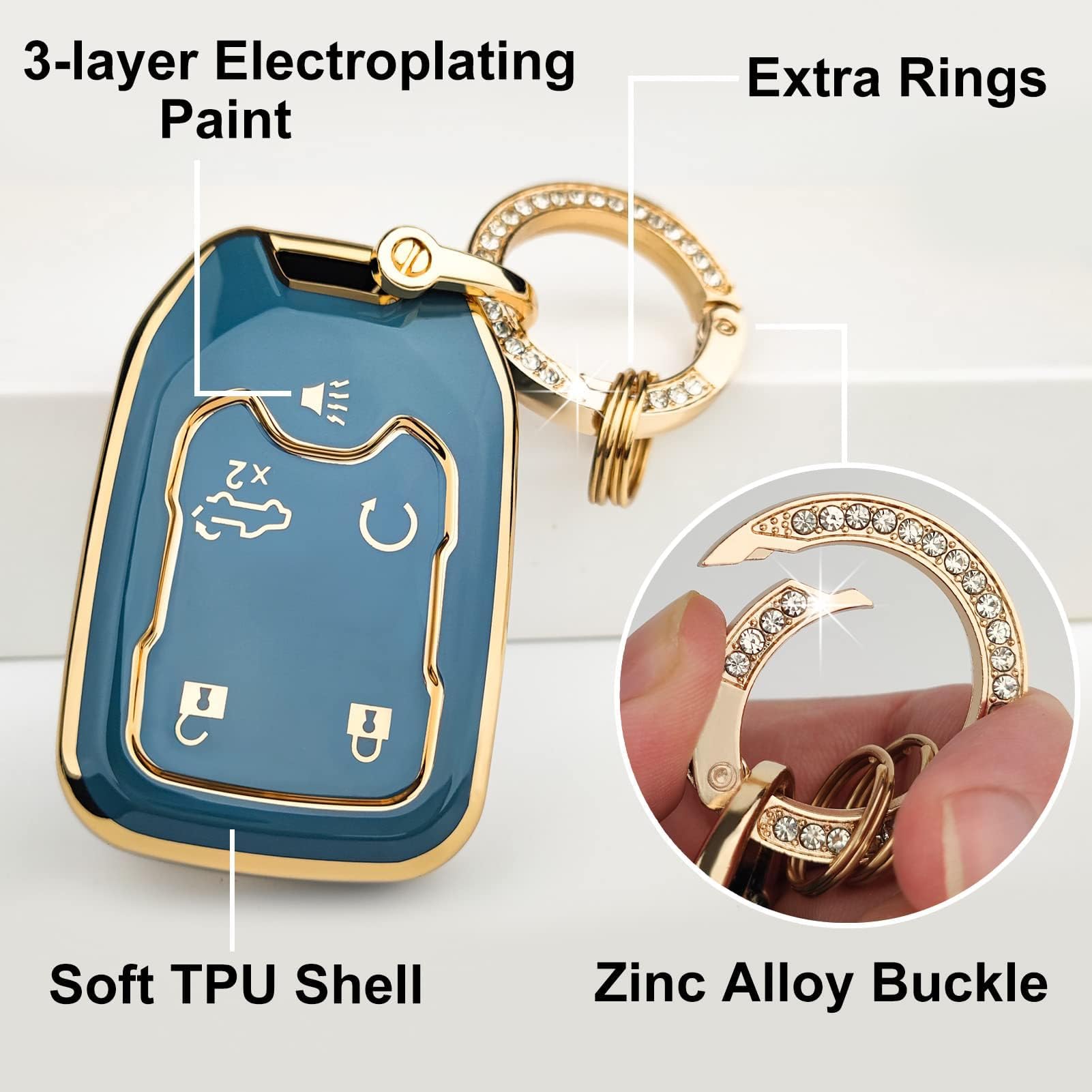 Ollen 5-Button Tpu Key Fob Cover, Fit For Gmc Acadia 2017-2025, For Terrain 2018-2025, For Sierra 2019-2025, For Chevy Silverado 2019-2022, Full Protection Soft Tpu Key Case, With Bling Ring, Blue