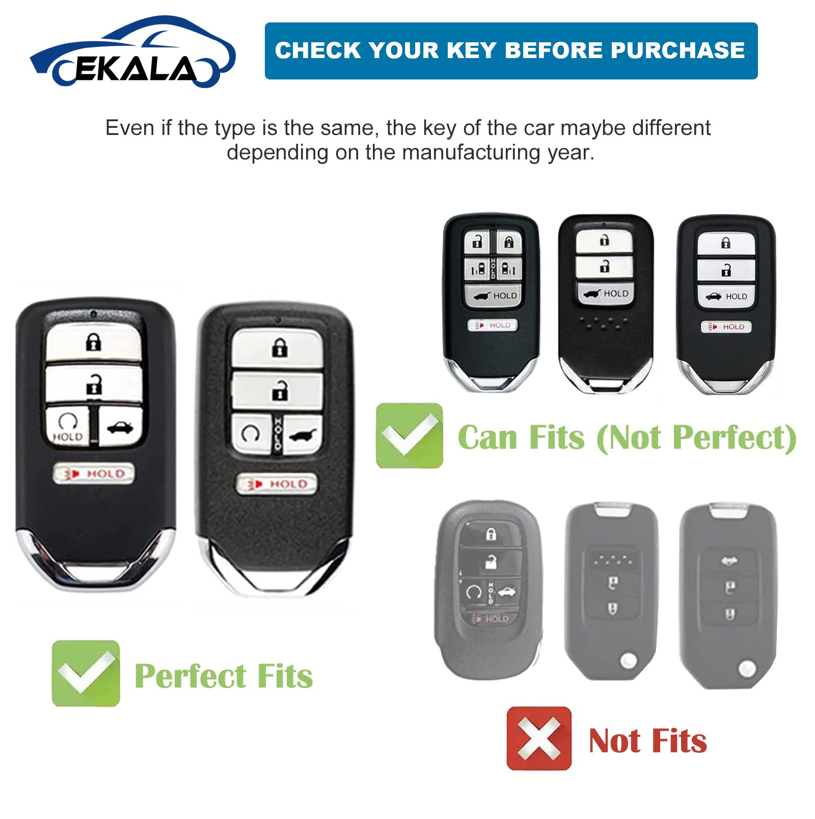 EKALA Honda Key Fob Cover with Leather Keychain, White, Compatible with Accord Civic CR-V Odyssey Pilot Key Fob