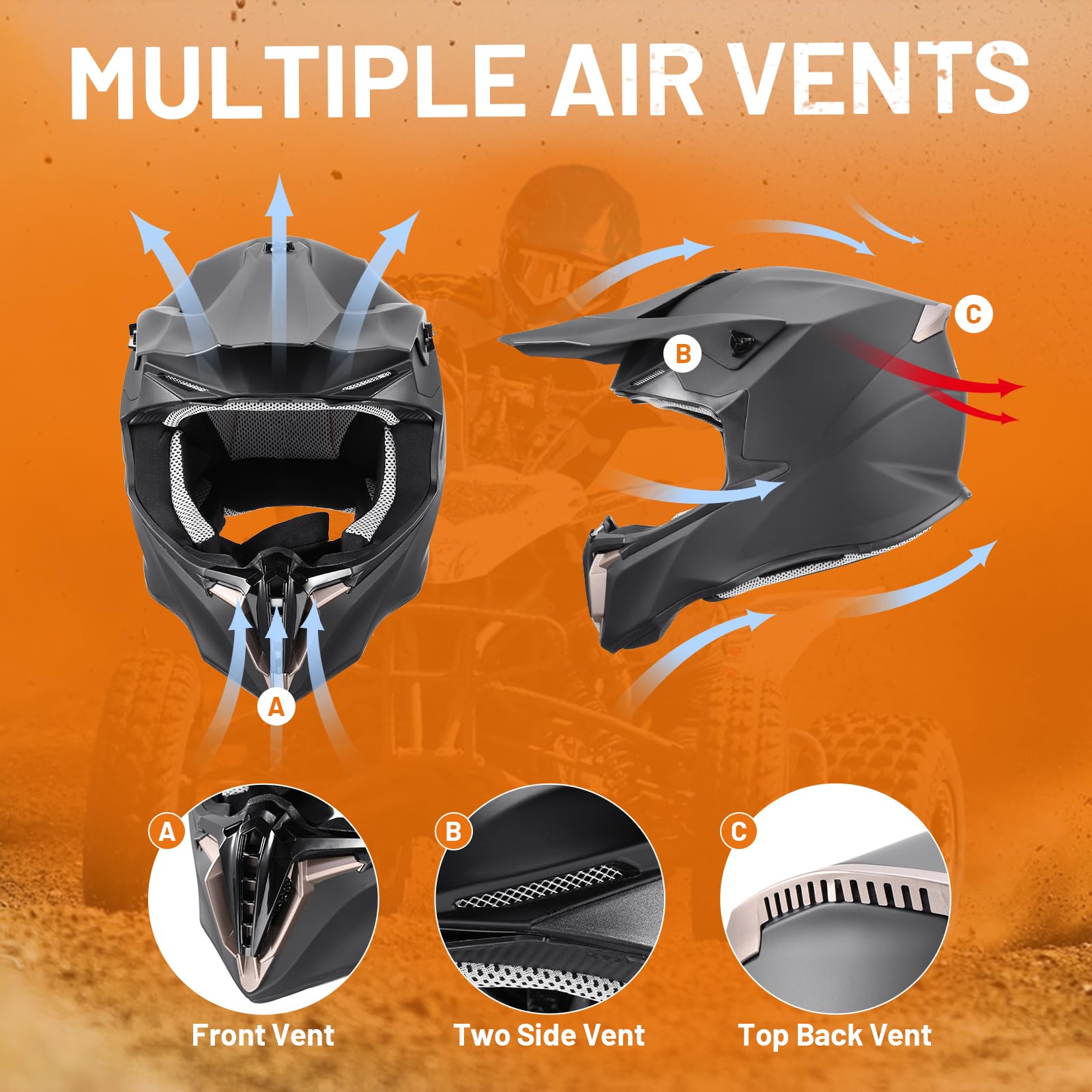 OUMURS Adult ATV Dirt Bike Helmet - Matte Black, Medium - Adjustable Visor, Gloves & Mask Included, Off-Road Motocross Gear for Unisex-Adult