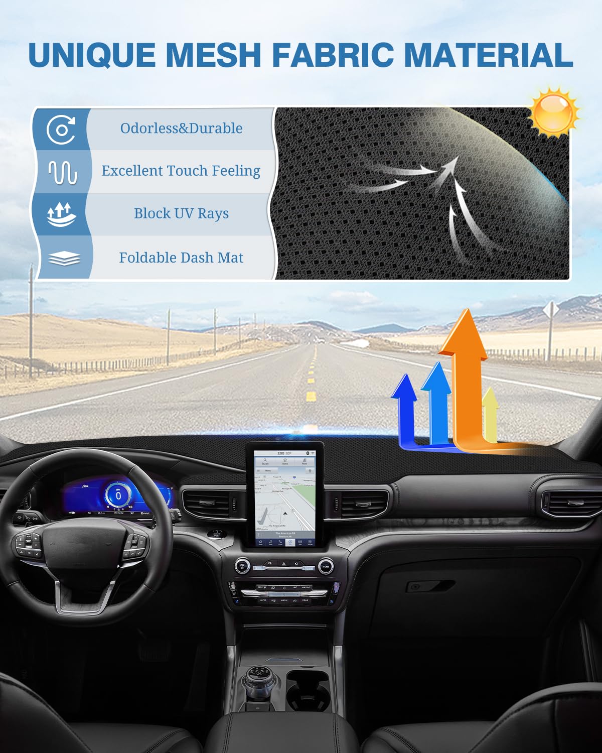 Fiilines Dash Cover For 2020-2025 Ford Explorer, Dashboard Mat Cover Sunshade Nonslip Mesh Protector No Glare Black